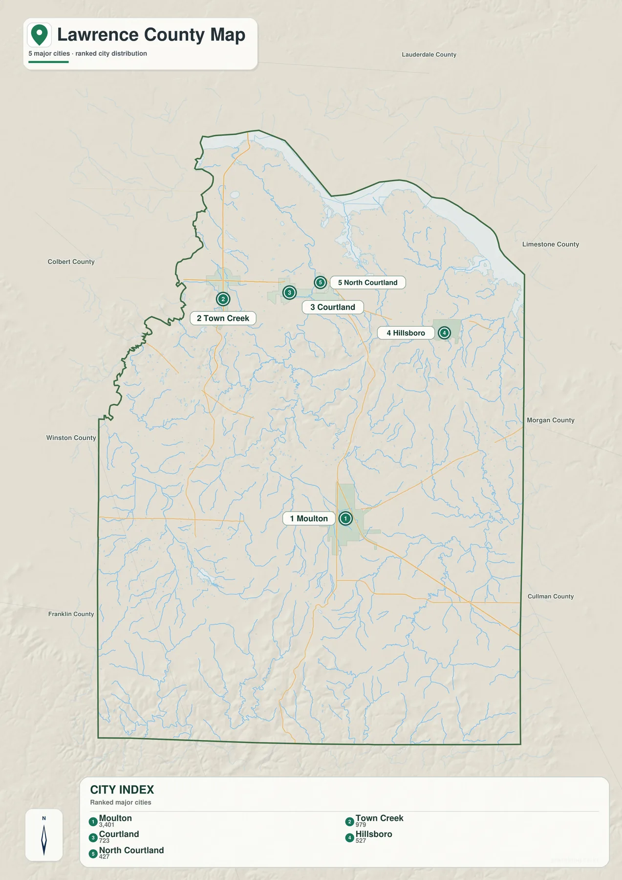 Lawrence County 도시 지도에서 Moulton, Town Creek, Courtland, Hillsboro, North Courtland의 위치를 표시한 지도