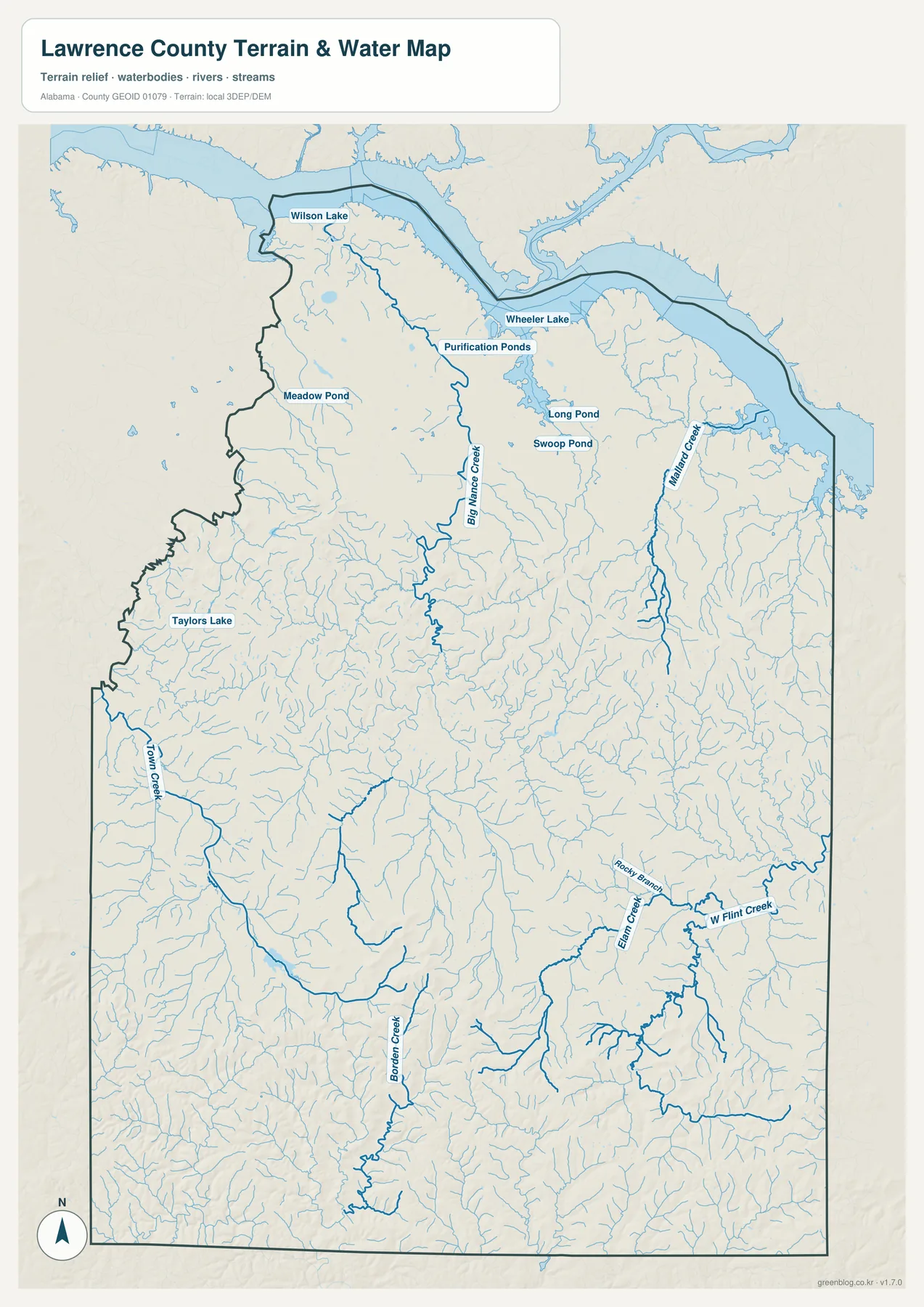 Lawrence County 수역 지도에서 Wheeler Lake, Wilson Lake, Big Nance Creek, Mallard Creek, Town Creek과 여러 지류를 표시한 지도