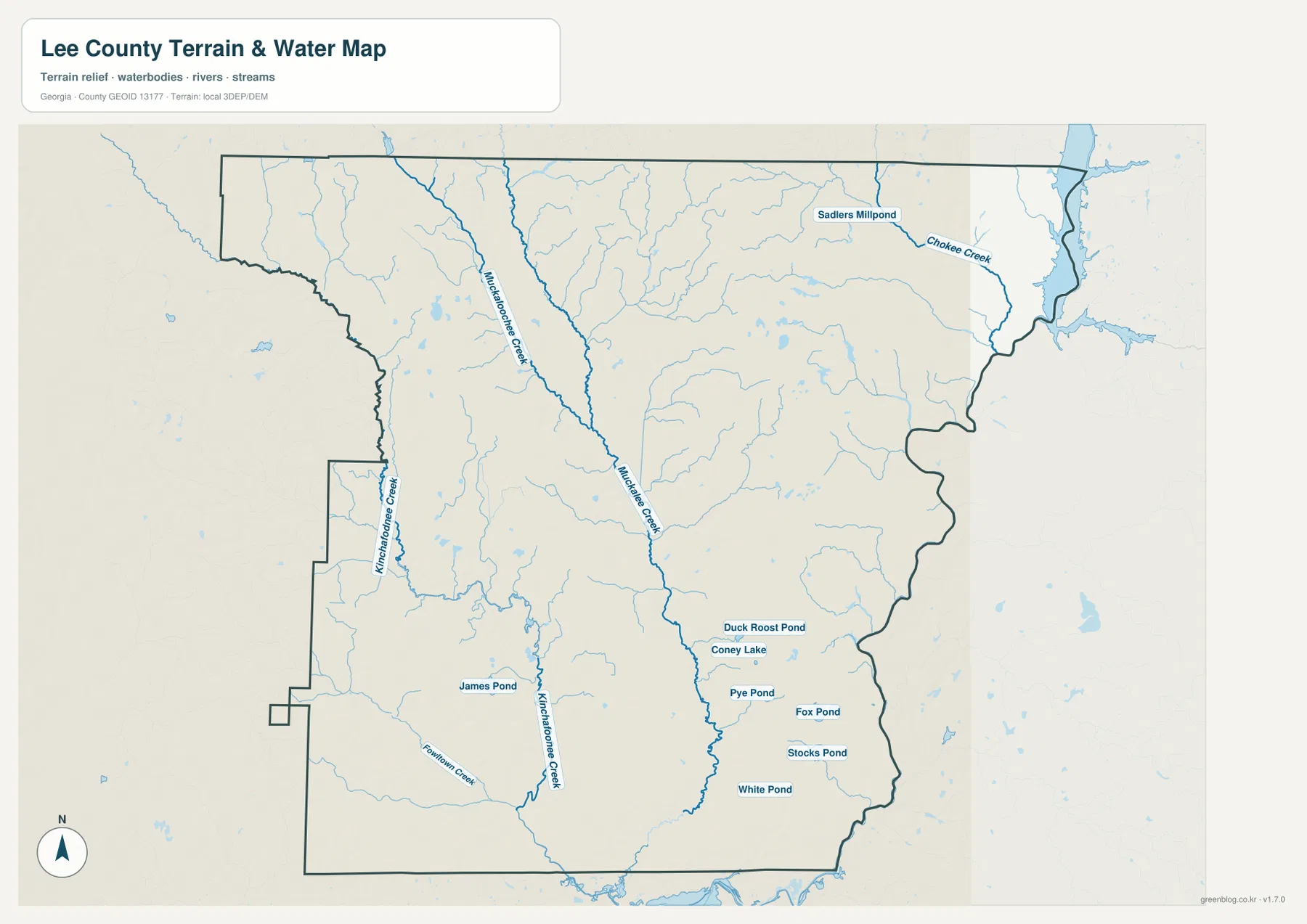 리 카운티 수역 지도에 표시된 Muckalee Creek, Kinchafoonee Creek과 여러 연못