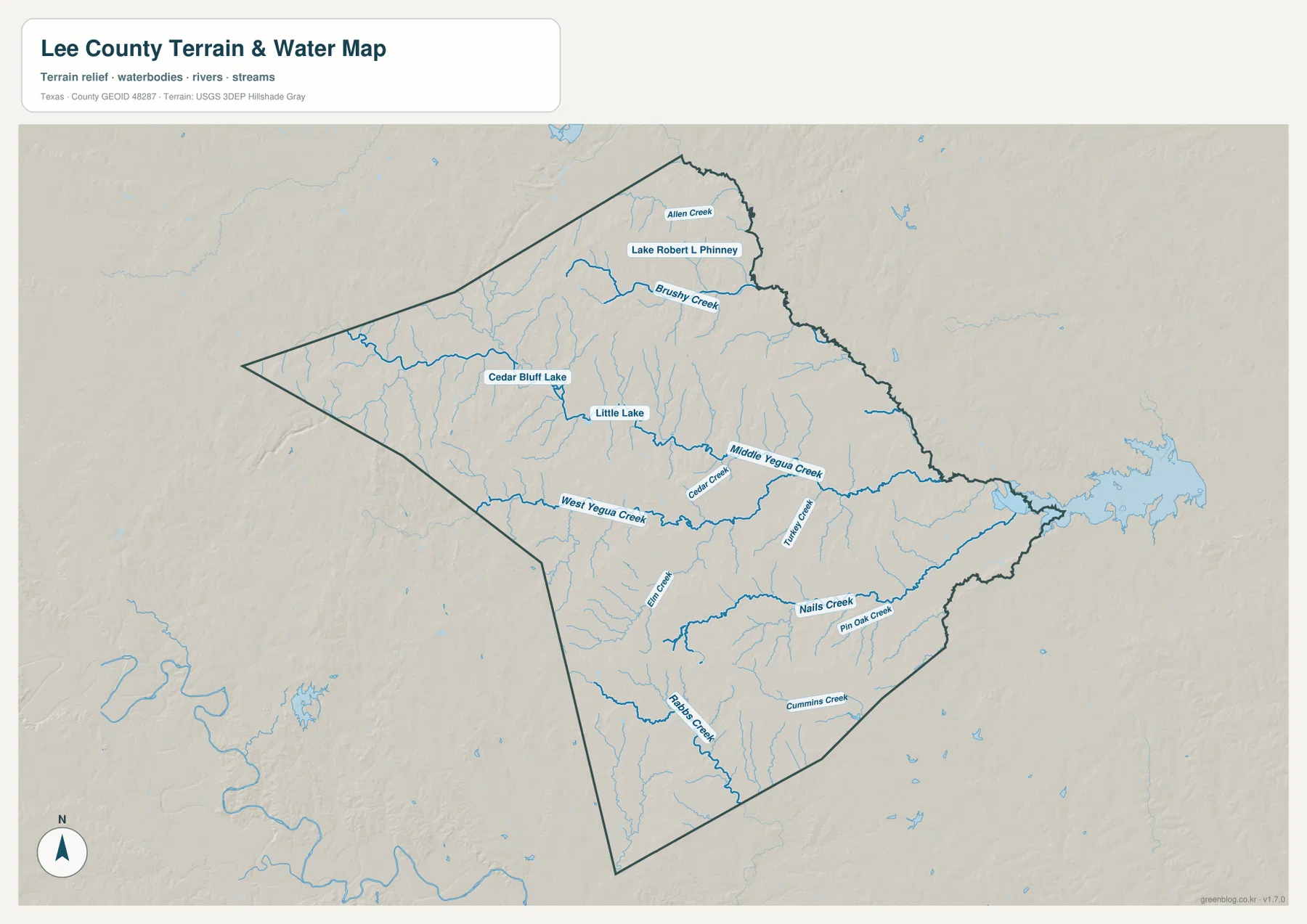 West Yegua Creek, Middle Yegua Creek, Brushy Creek, Cedar Bluff Lake와 여러 크리크가 표시된 리 카운티 수역 지도