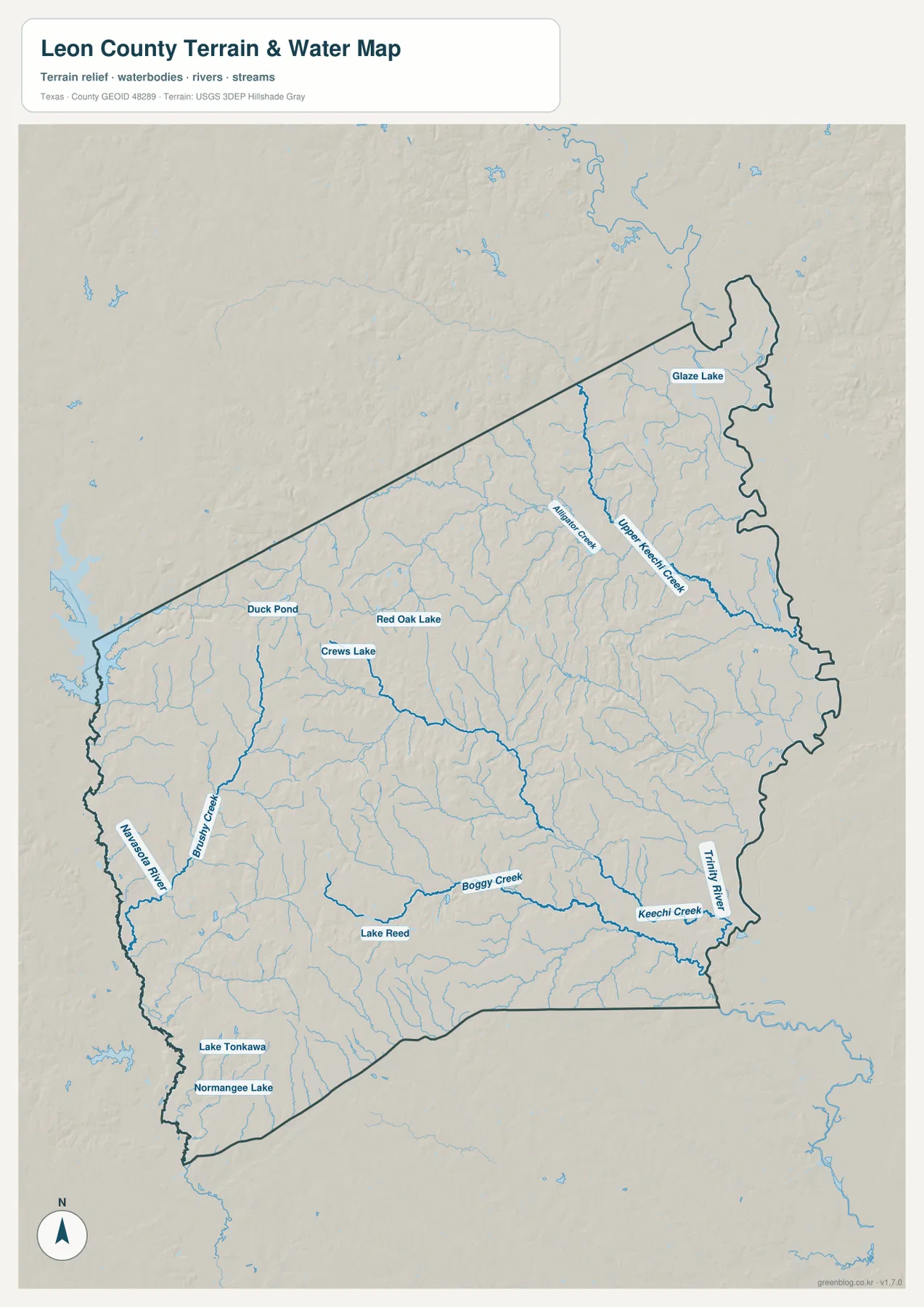 Navasota River, Trinity River, Brushy Creek, Boggy Creek, Keechi Creek과 여러 호수가 표시된 리언 카운티 수역 지도