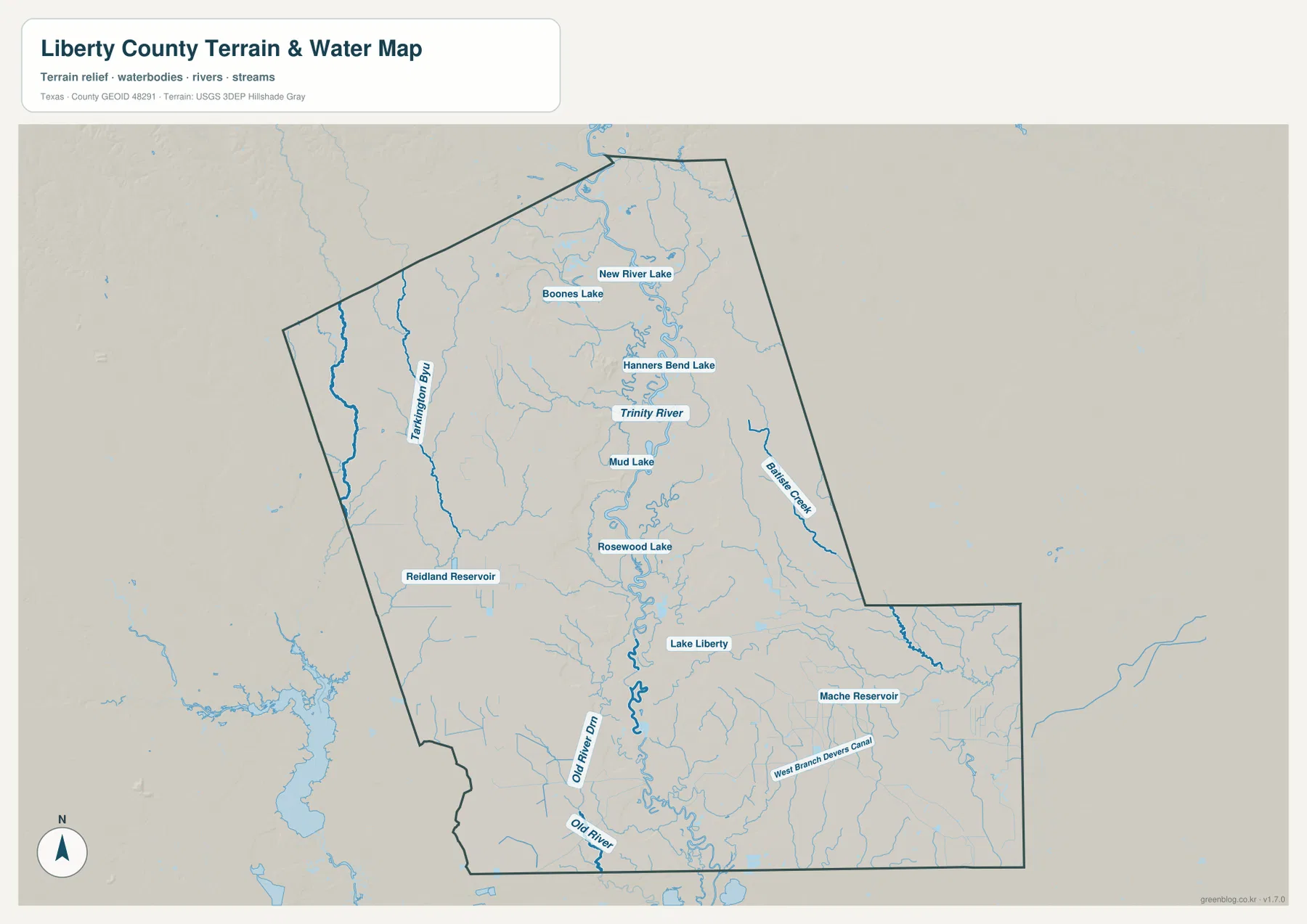 Trinity River, Tarkington Bayou, Battle Creek, Old River, Lake Liberty와 여러 호수가 표시된 리버티 카운티 수역 지도