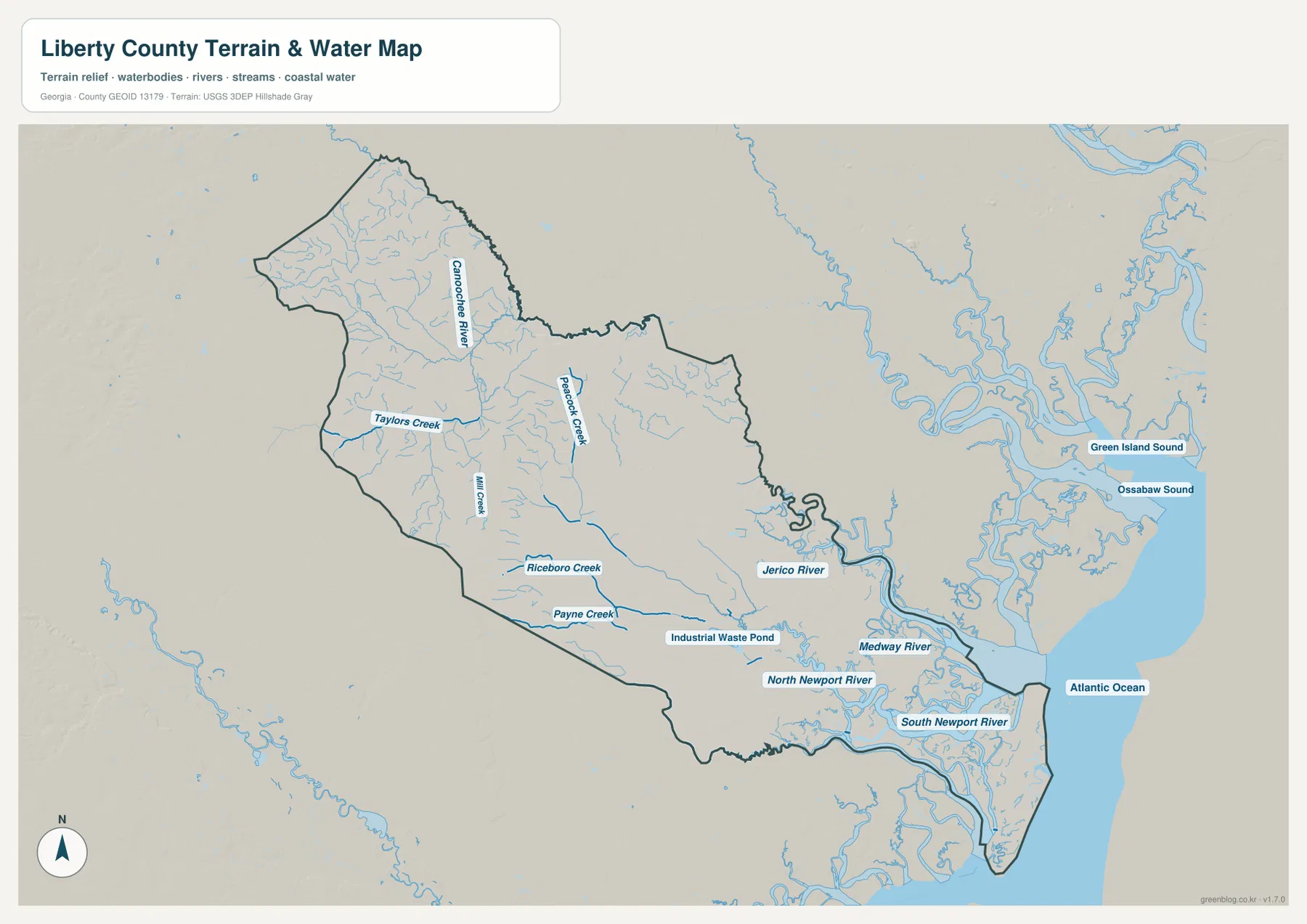 리버티 카운티 수역 지도에서 Canoochee River, Jerico River, Medway River, Newport River와 대서양 해안을 표시한 모습