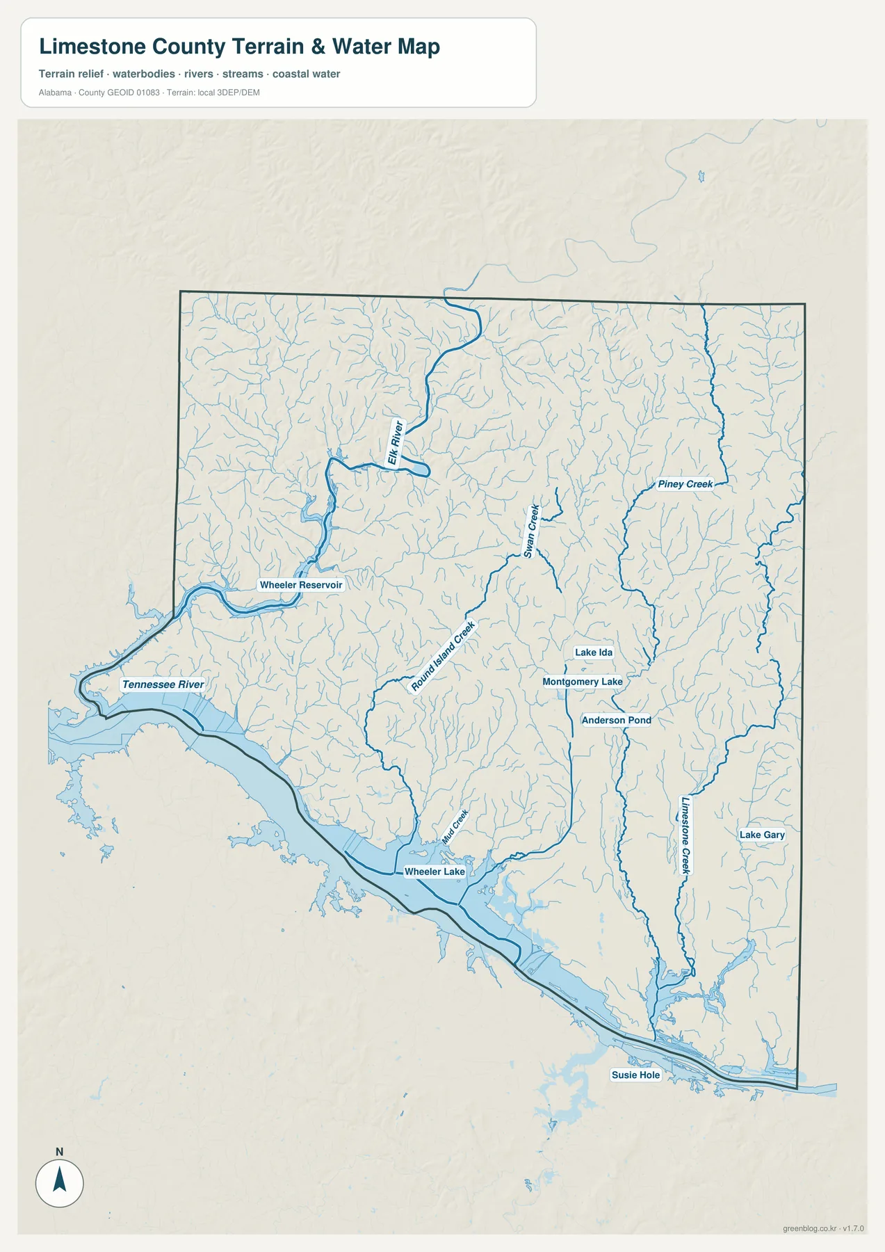 Tennessee River, Wheeler Reservoir, Elk River, Swan Creek와 Limestone Creek이 표시된 Limestone County 수역 지도