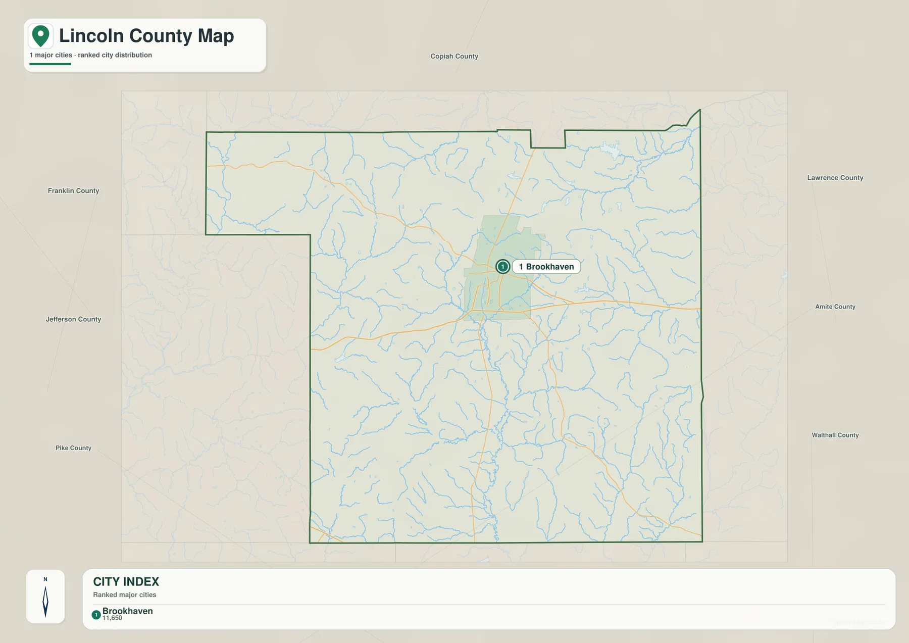Lincoln County city map showing Brookhaven and neighboring Copiah, Lawrence, Amite, Walthall, Pike, Jefferson and Franklin counties