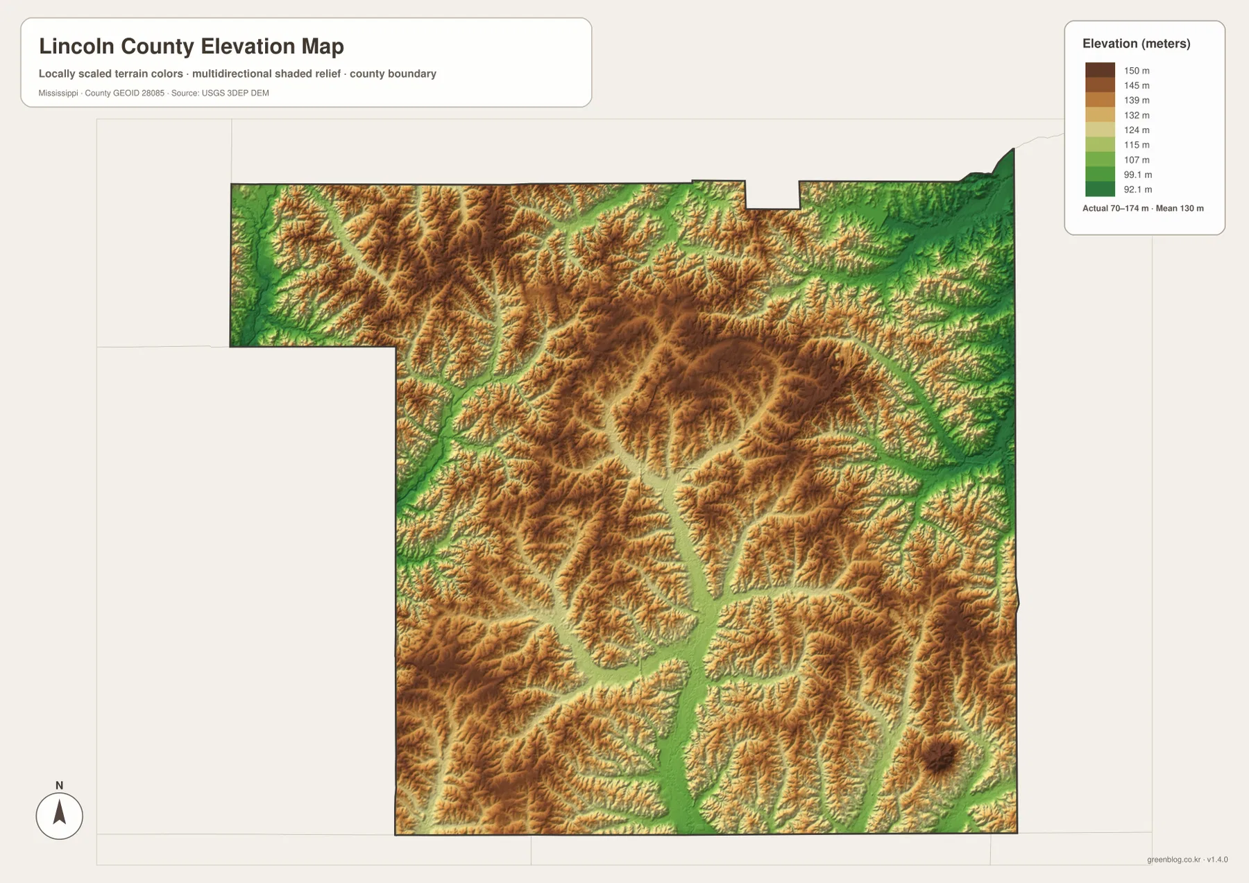 Lincoln County Mississippi elevation map showing approximately 70 to 174 meter terrain and lower stream valleys