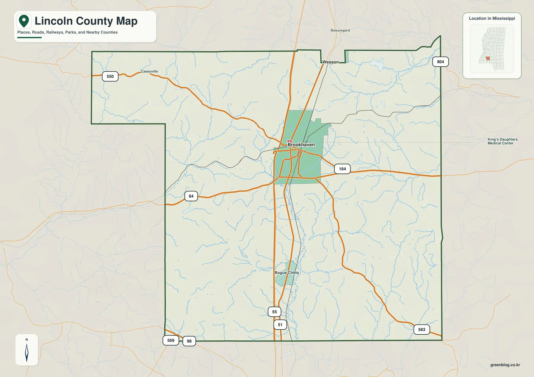Lincoln County Mississippi map showing Brookhaven, I-55, US 51, US 84 and other principal roads
