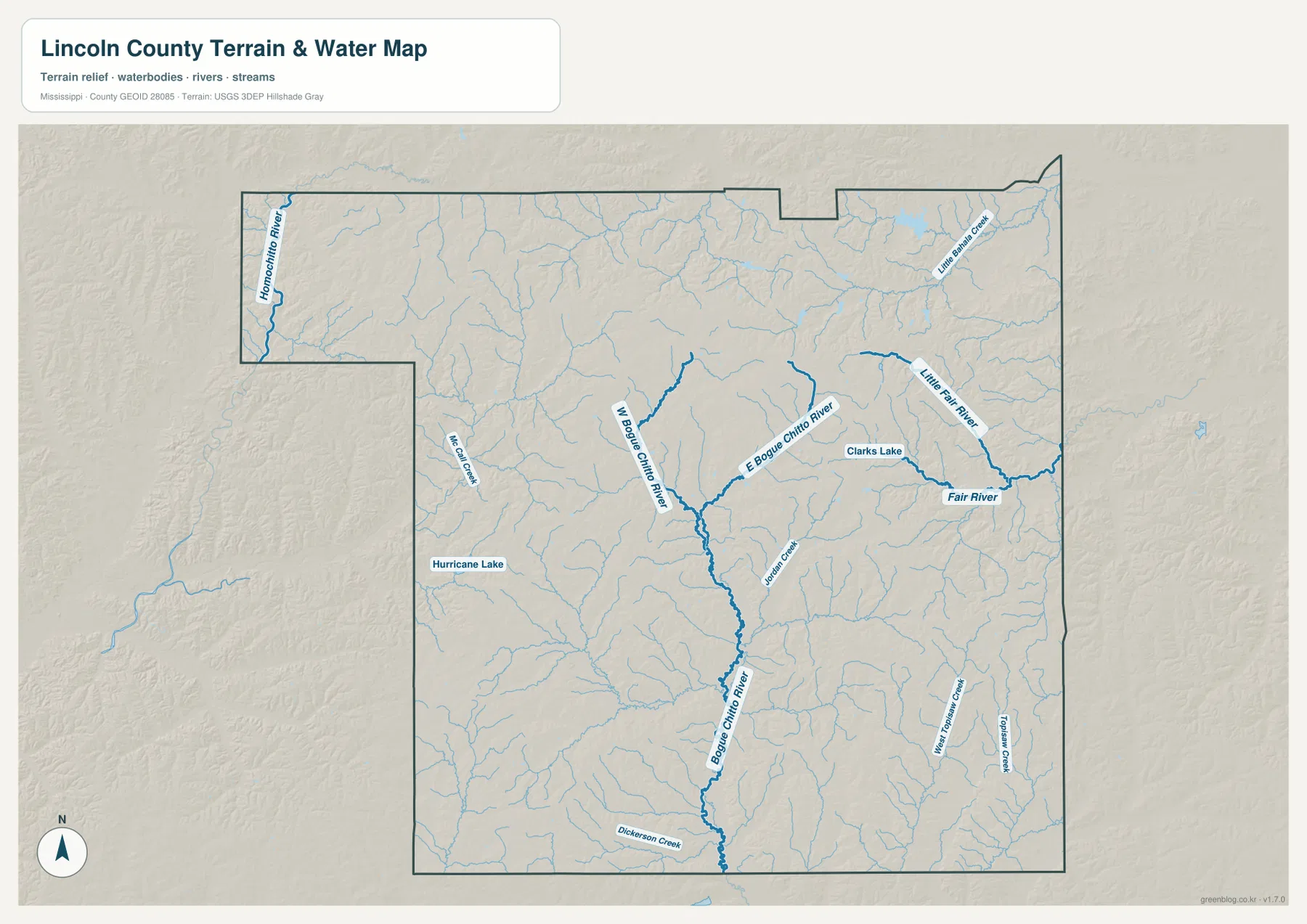 Lincoln County water map showing West Bogue Chitto River, East Bogue Chitto River, Fair River and smaller streams