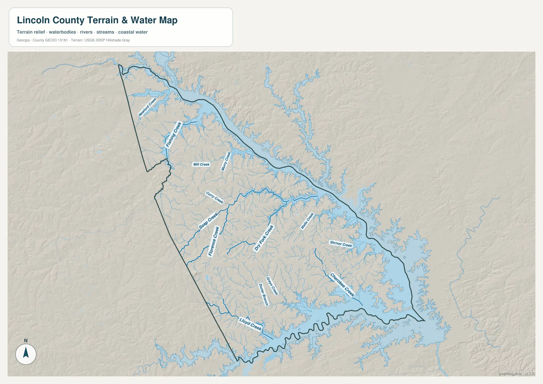 링컨 카운티 수역 지도에 표시된 Fishing Creek, Soap Creek, Florence Creek, Dry Fork Creek, Wells Creek, Shriver Creek와 클라크스힐호 호숫가