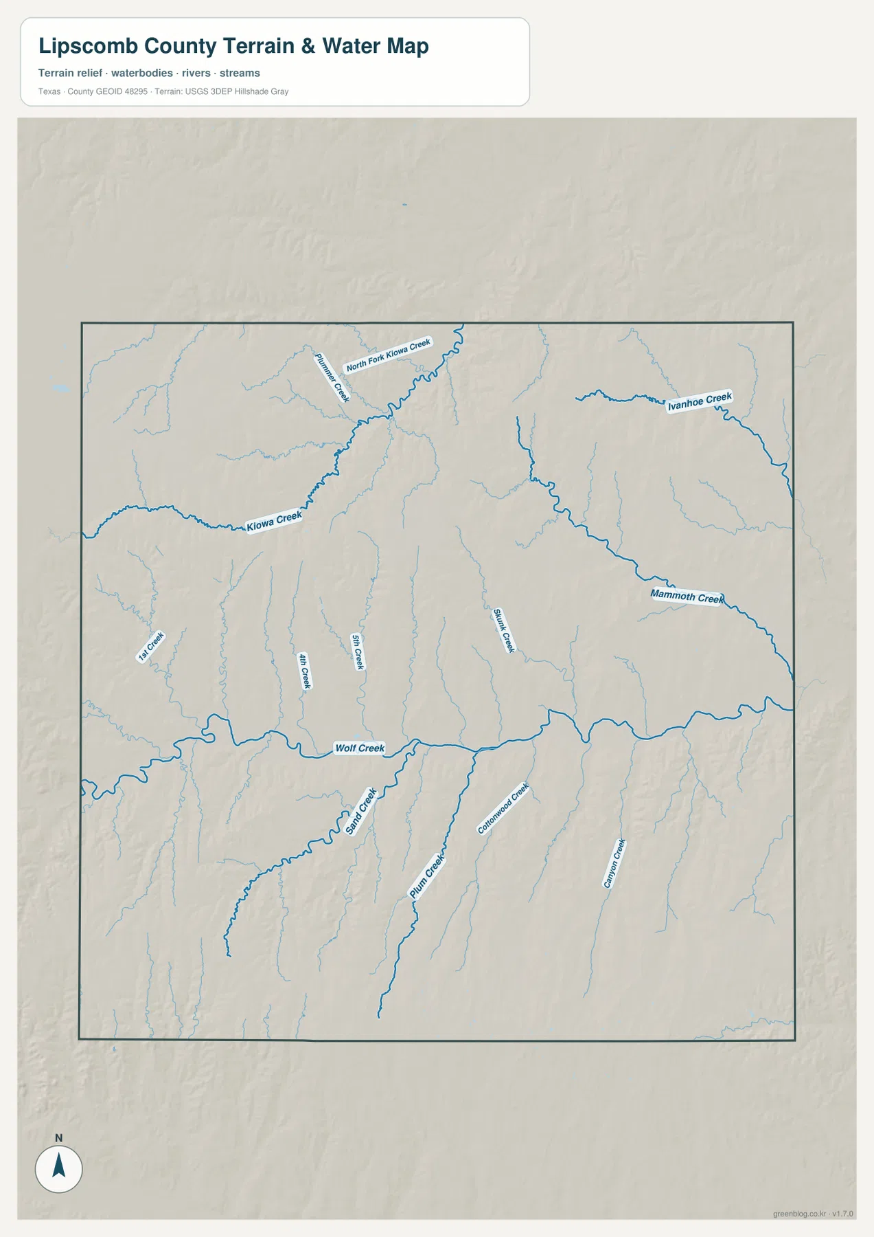 Kiowa Creek, North Fork Kiowa Creek, Wolf Creek, Mammoth Creek, Plum Creek과 여러 지류가 표시된 립스컴 카운티 수역 지도