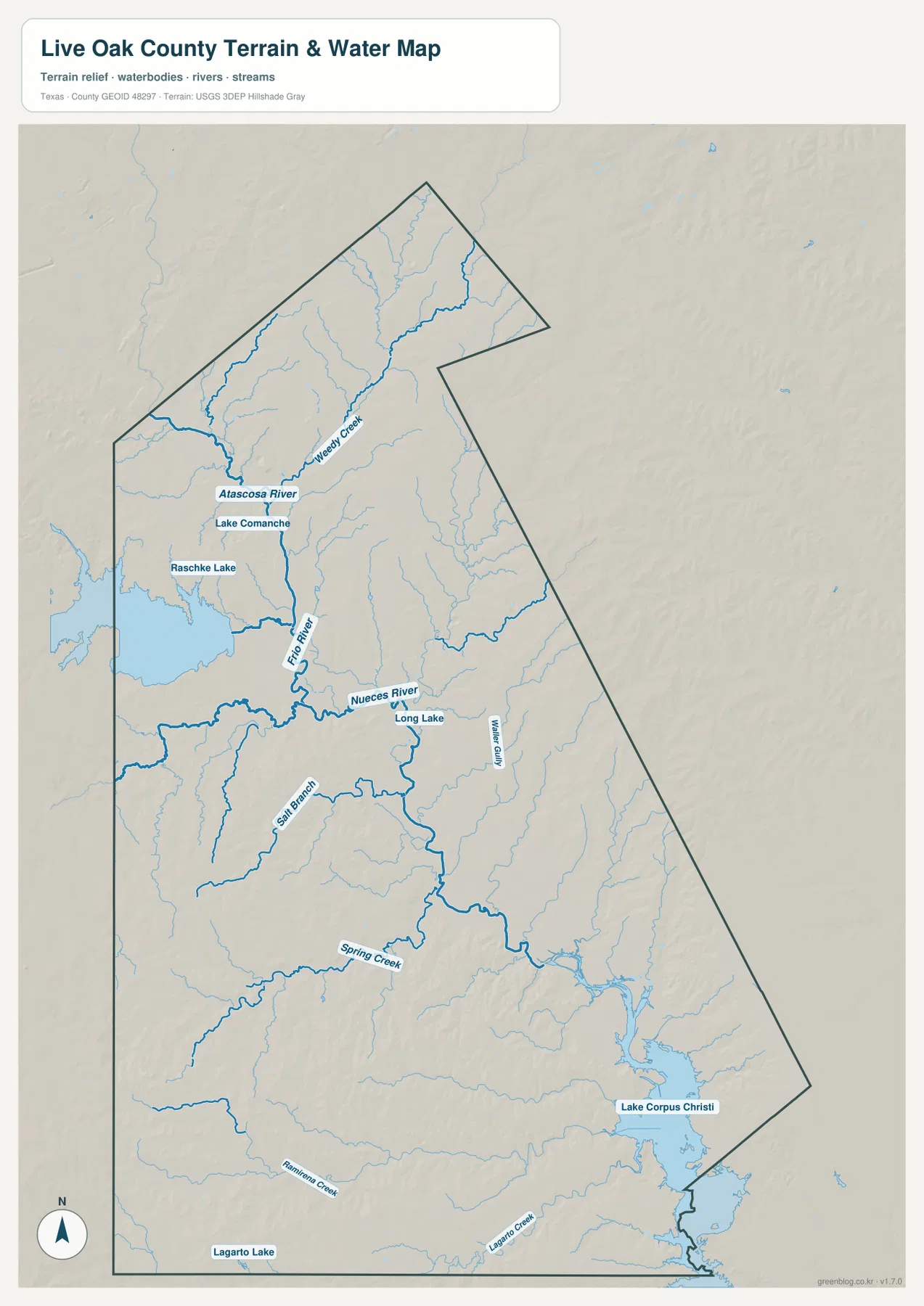 Frio River, Nueces River, Atascosa River, Weedy Creek, Spring Creek와 Lake Corpus Christi가 표시된 라이브오크 카운티 수역 지도