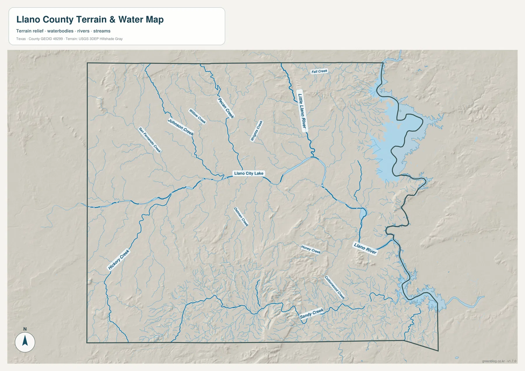 Llano River, Little Llano River, Llano City Lake, Pecan Creek, Johnson Creek와 여러 크리크가 표시된 라노 카운티 수역 지도
