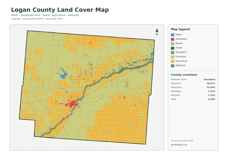 콜로라도주 로건 카운티 토지 피복 지도(Logan County) – South Platte River 습지와 초지·농업 평원