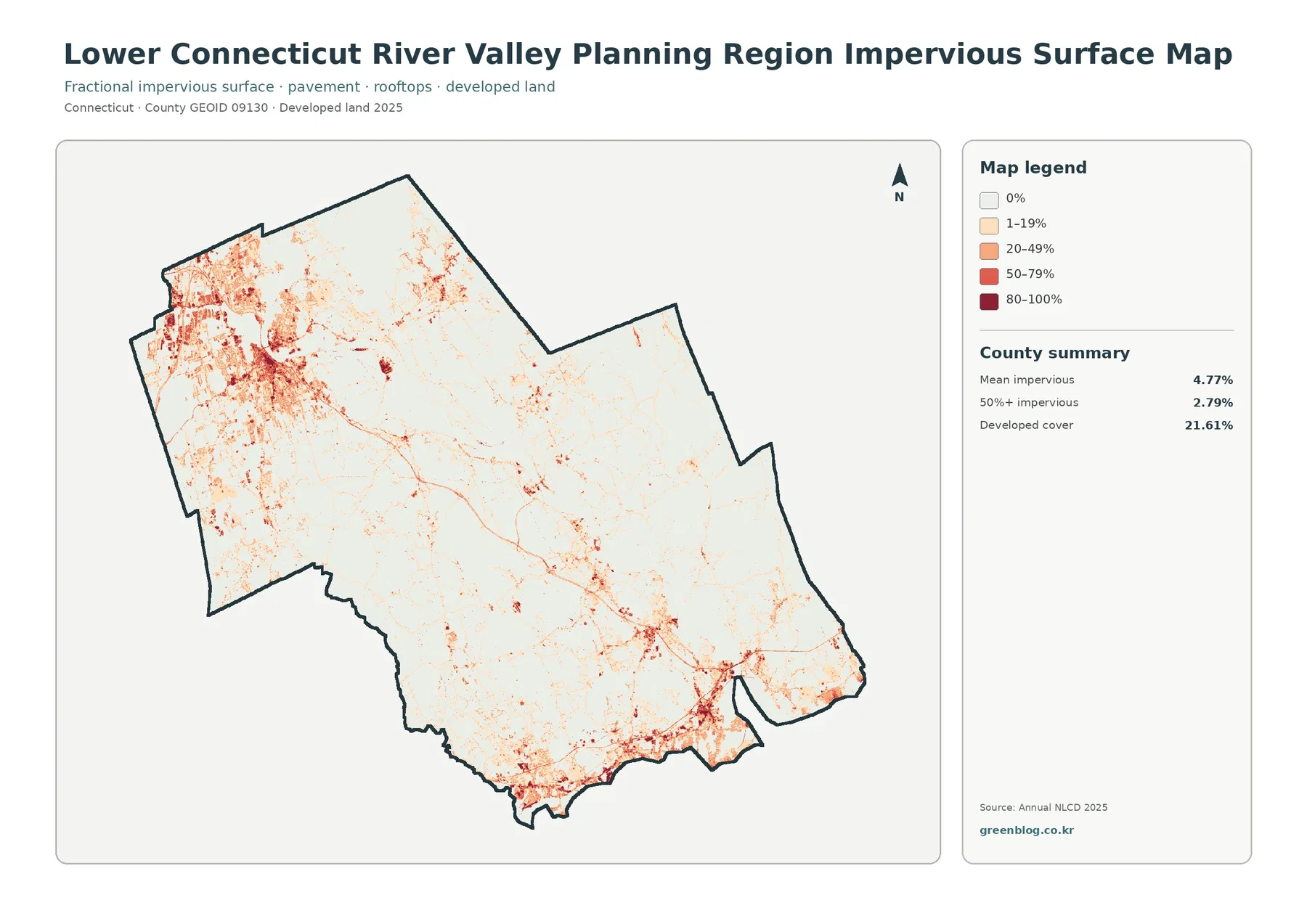 Lower Connecticut River Valley Planning Region 불투수·개발지 지도