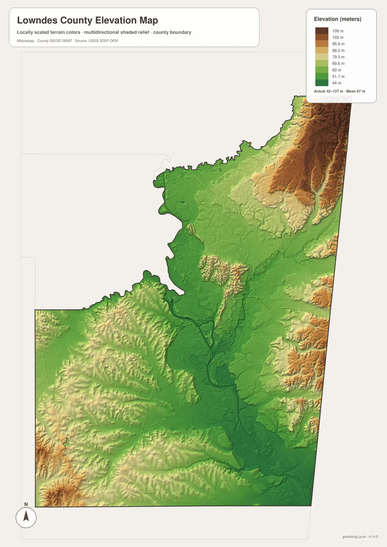 Lowndes County elevation map showing higher northeastern and eastern hills and lower Tombigbee River terrain