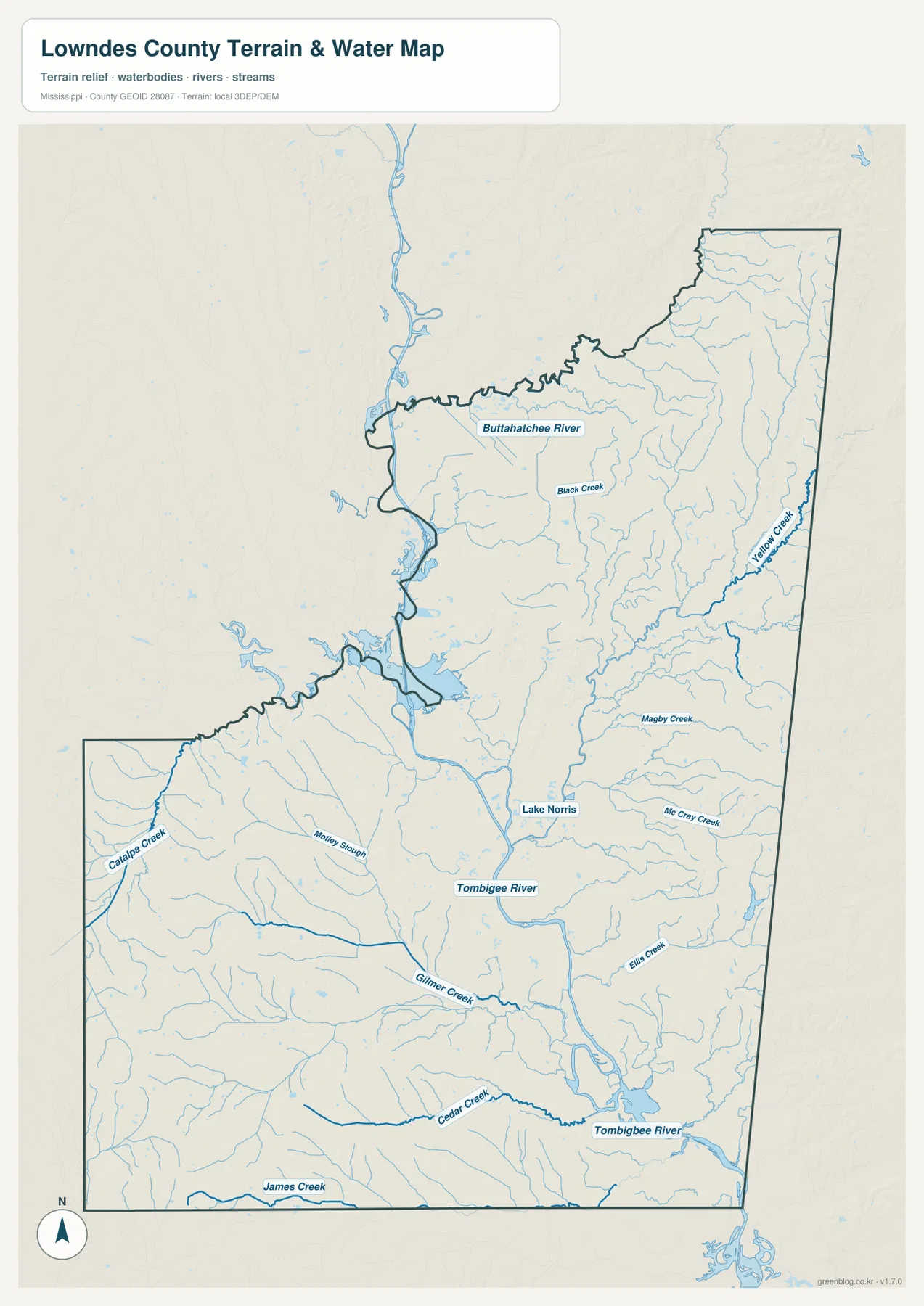 Lowndes County water map showing the Tombigbee River, Buttahatchee River, Yellow Creek, Lake Norris, and smaller creeks