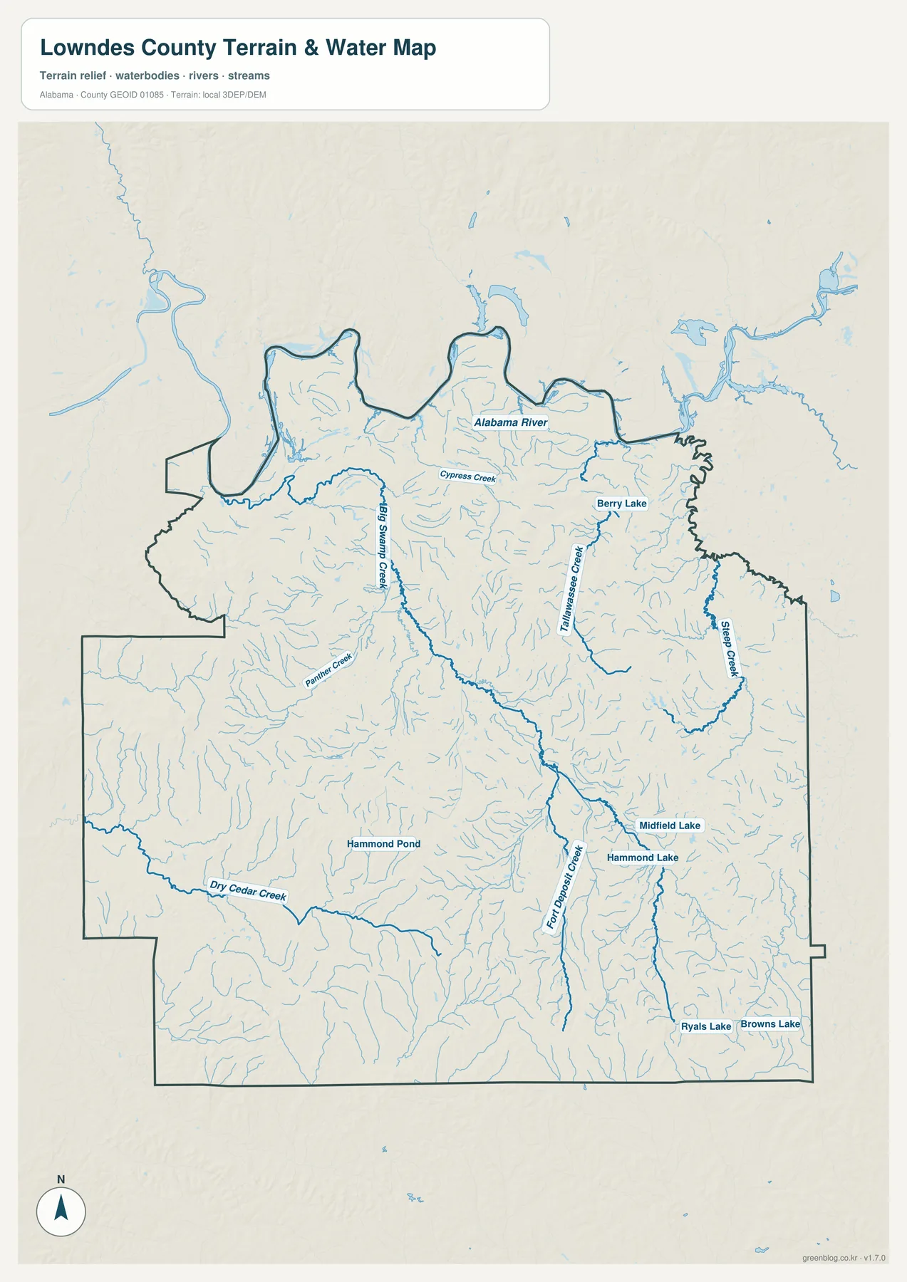 Alabama River, Cypress Creek, Big Swamp Creek, Tallawassee Creek, Sipeo Creek와 Fort Deposit Creek이 표시된 Lowndes County 수역 지도