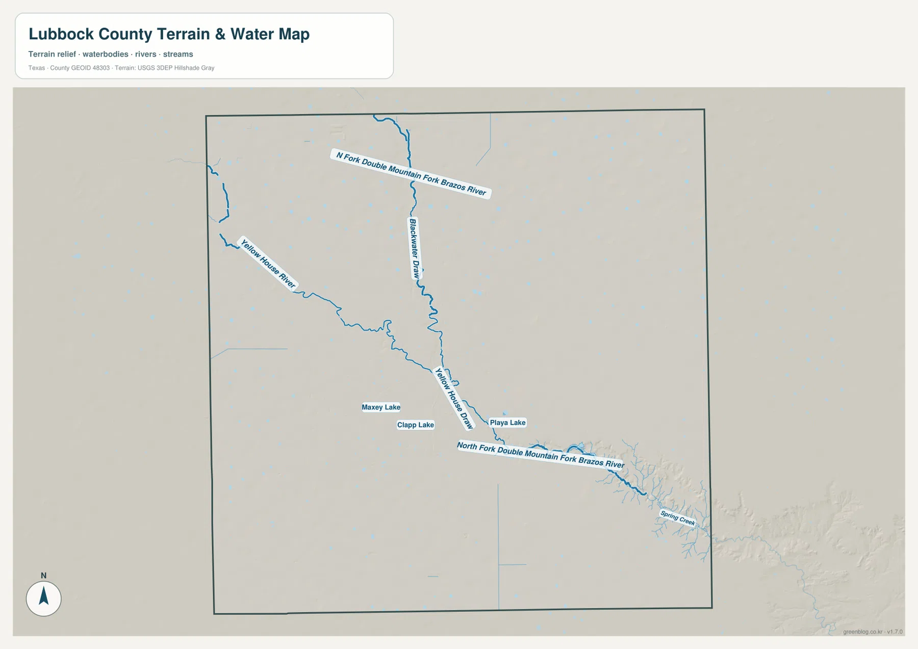 Yellow House River, Blackwater Draw, Yellow House Draw, Maxey Lake, Clapp Lake와 Spring Creek이 표시된 러벅 카운티 수역 지도