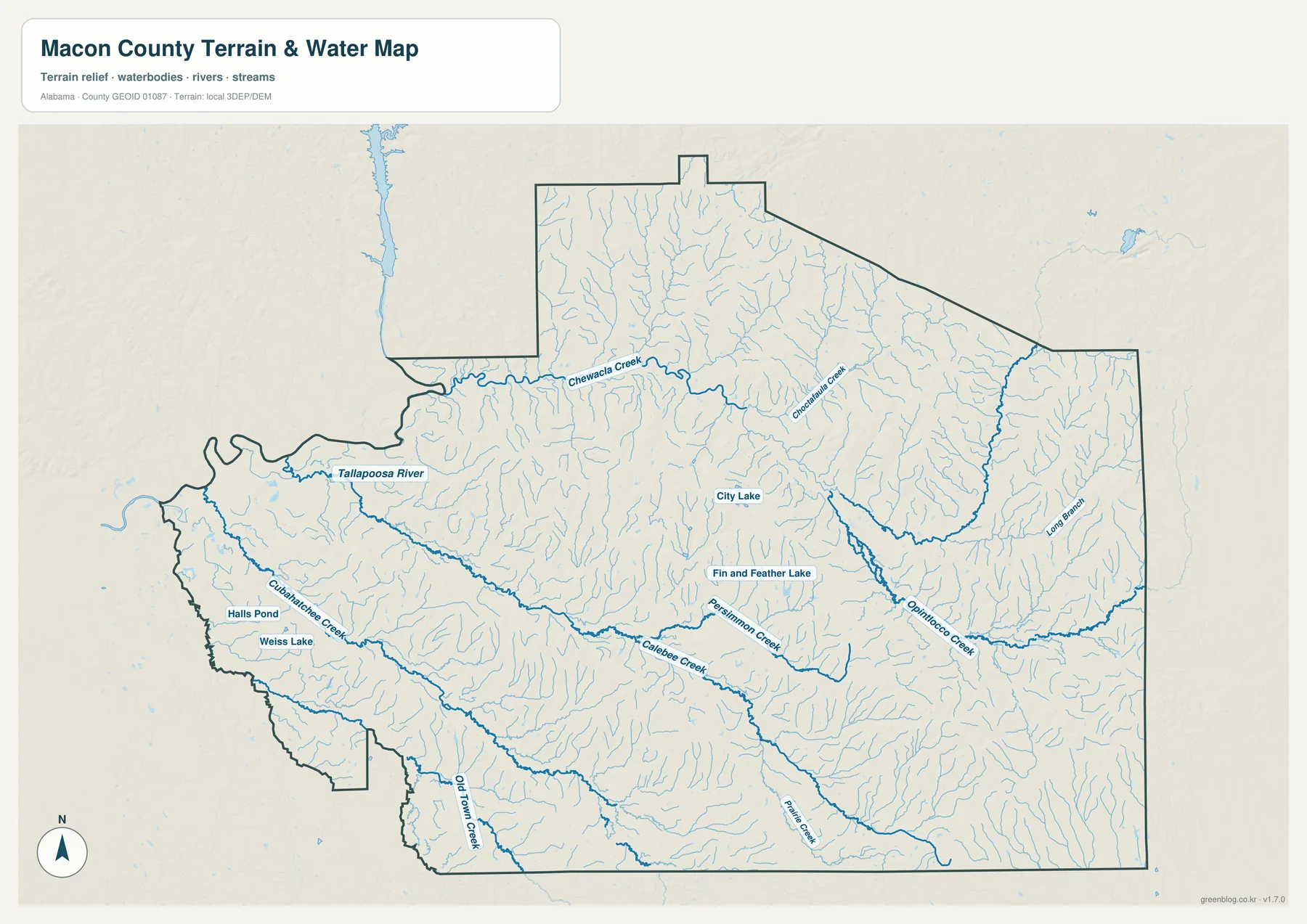 Tallapoosa River와 Chewacla Creek, Cubahatchee Creek, Calebee Creek 등 수로를 표시한 Macon County 수역 지도