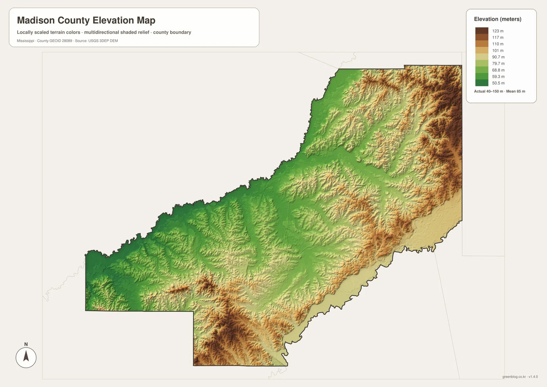 Madison County elevation map showing an actual range of about 40 to 150 meters and higher ridges in the east and northeast