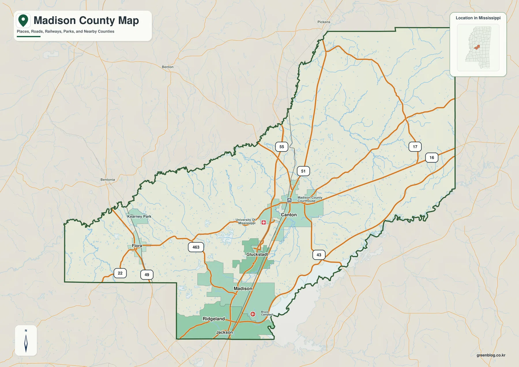 Madison County Mississippi map showing Canton, Madison, Ridgeland, Gluckstadt, Flora, major roads, and the county boundary