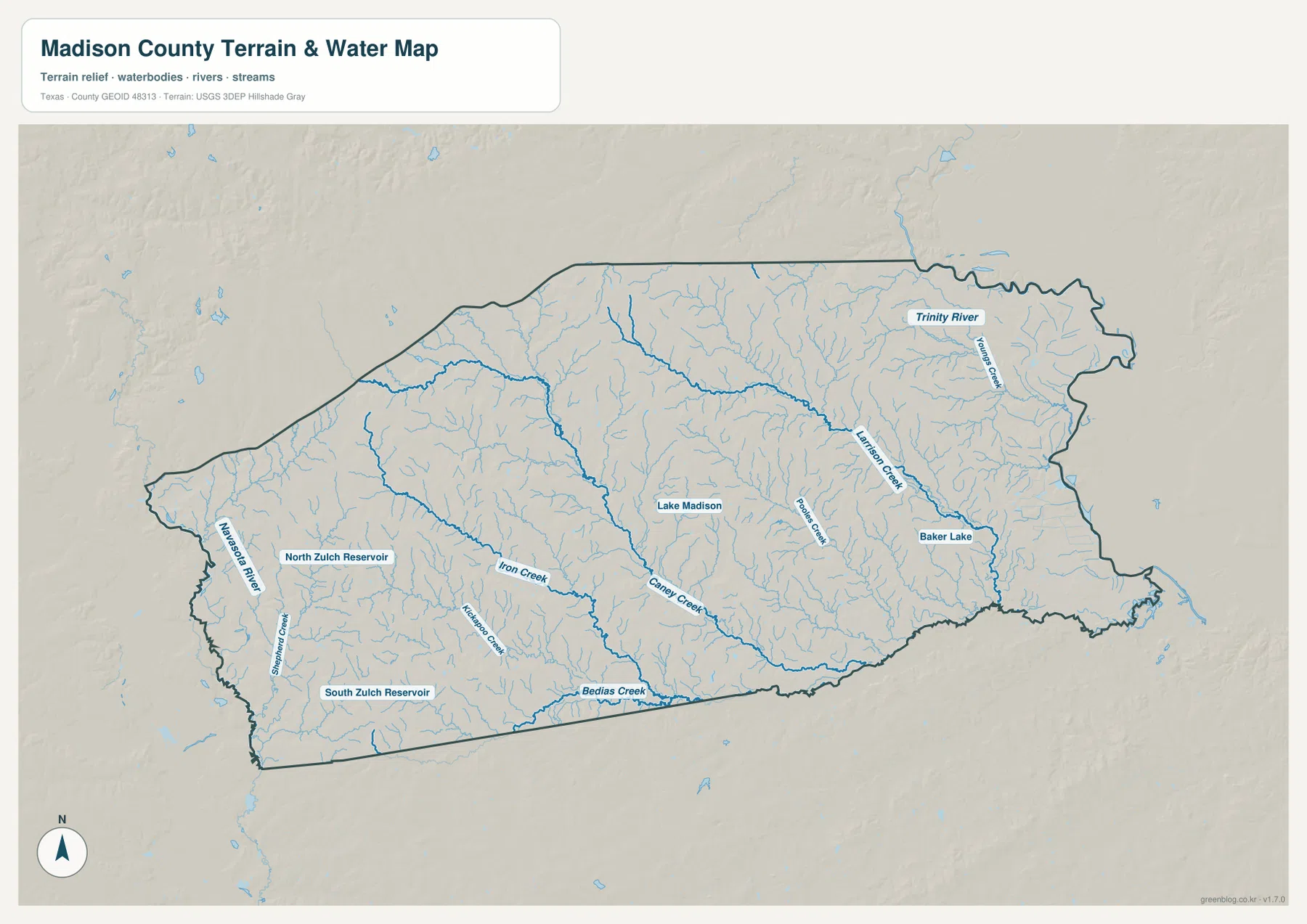 Navasota River, Trinity River, Lake Madison, North Zulch Reservoir, Iron Creek와 Bedias Creek이 표시된 매디슨 카운티 수역 지도