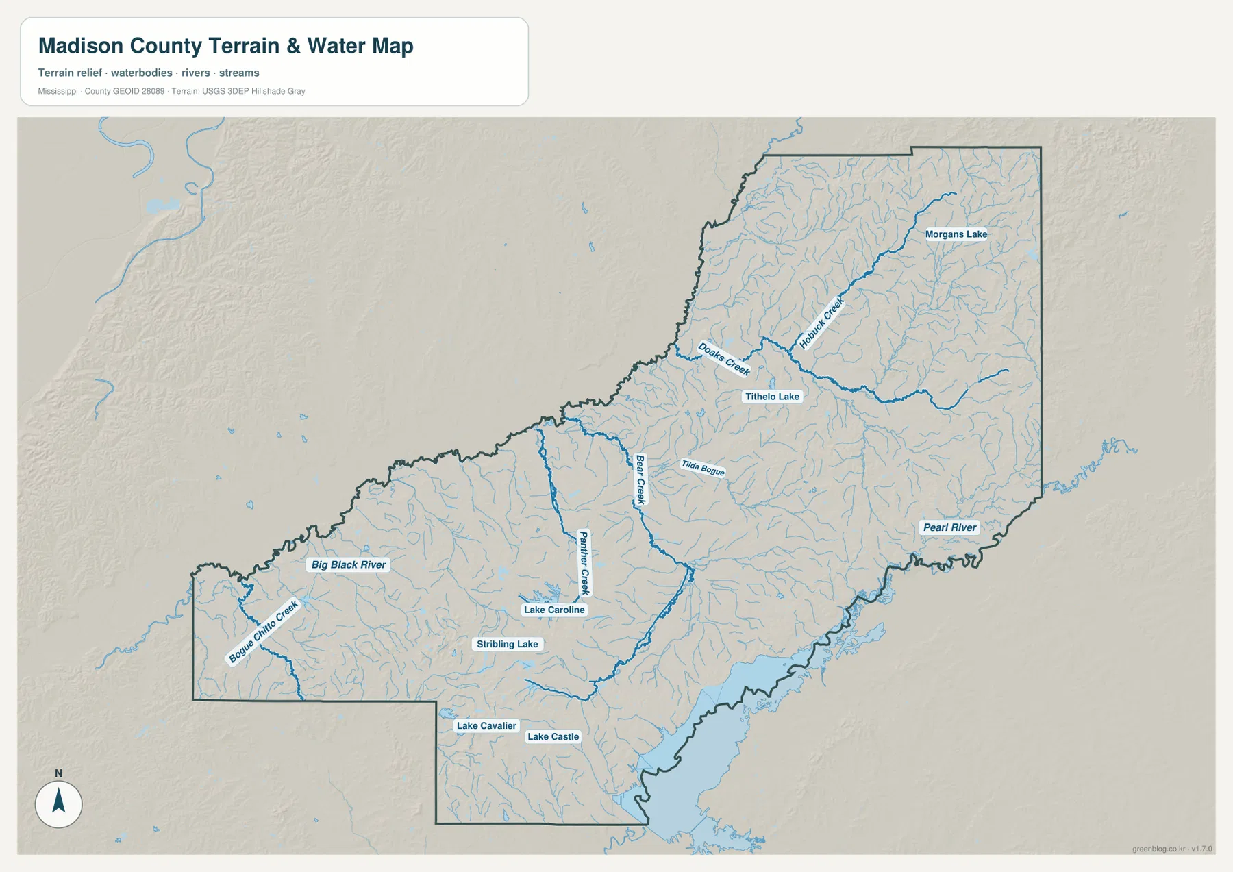 Madison County terrain and water map showing the Big Black River, Pearl River, Bear Creek, Panther Creek, and named lakes