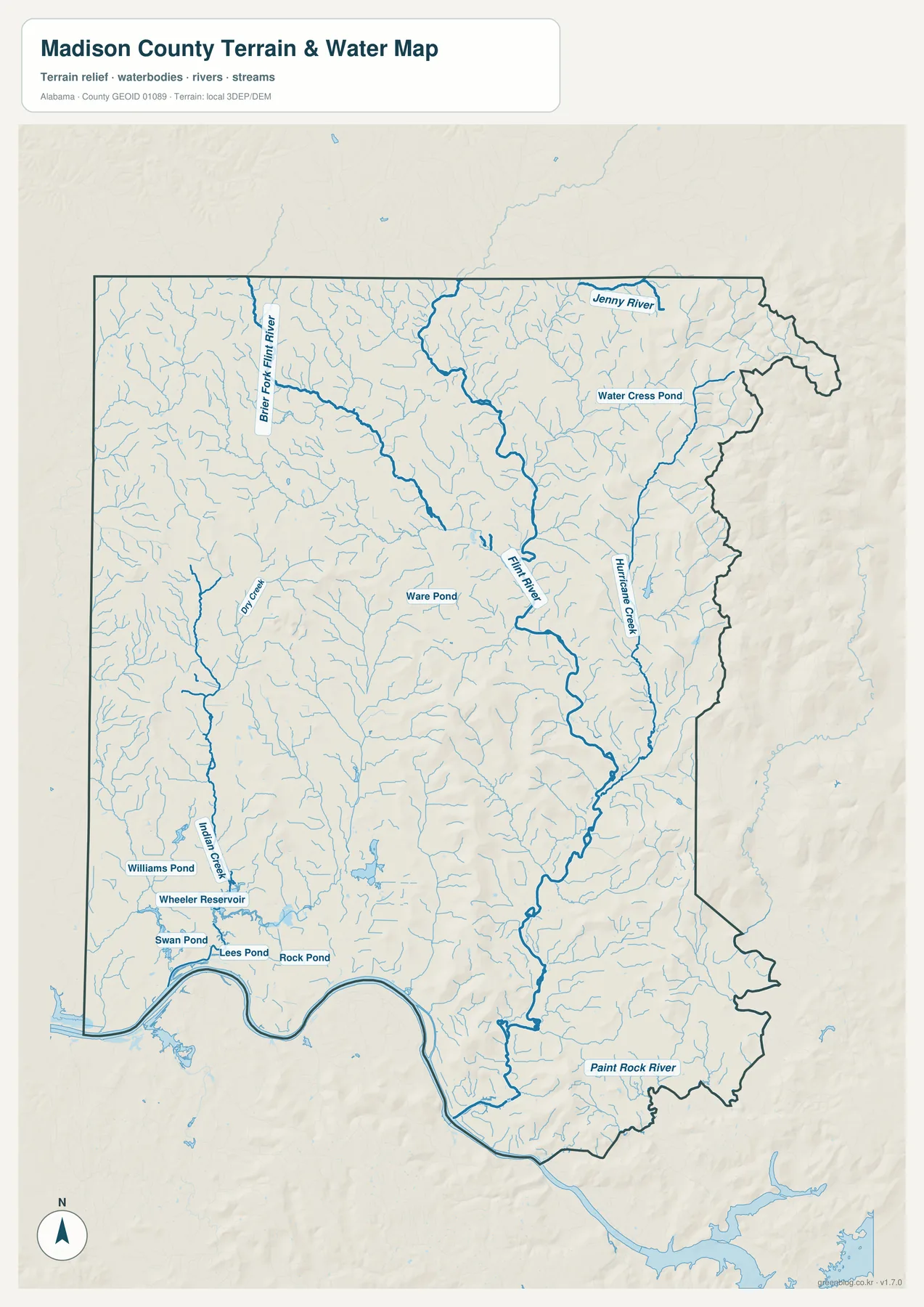 Wheeler Reservoir, Flint River, Paint Rock River, Hurricane Creek과 지류가 표시된 매디슨 카운티 수역 지도