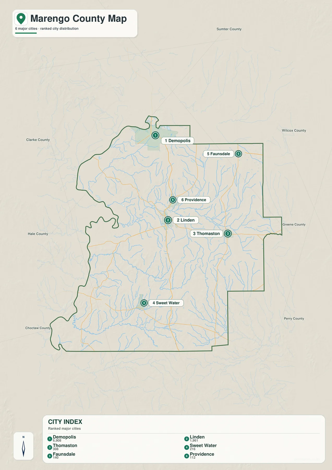 마렝고 카운티 주요 도시 지도에 Demopolis, Linden, Thomaston, Sweet Water, Faunsdale, Providence가 표시된 지도