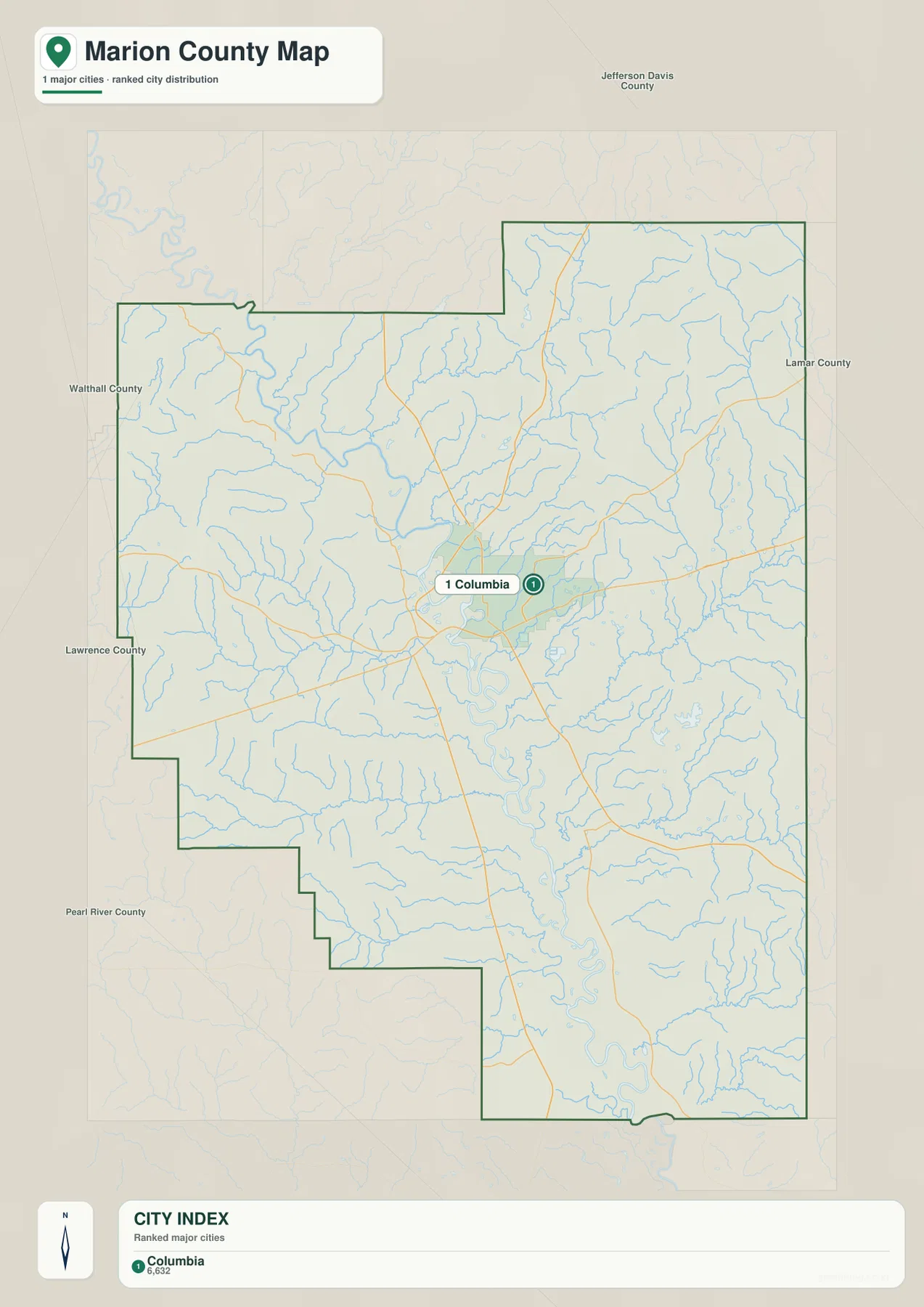 Marion County city map showing Columbia as the only ranked major city and labeling surrounding Mississippi counties