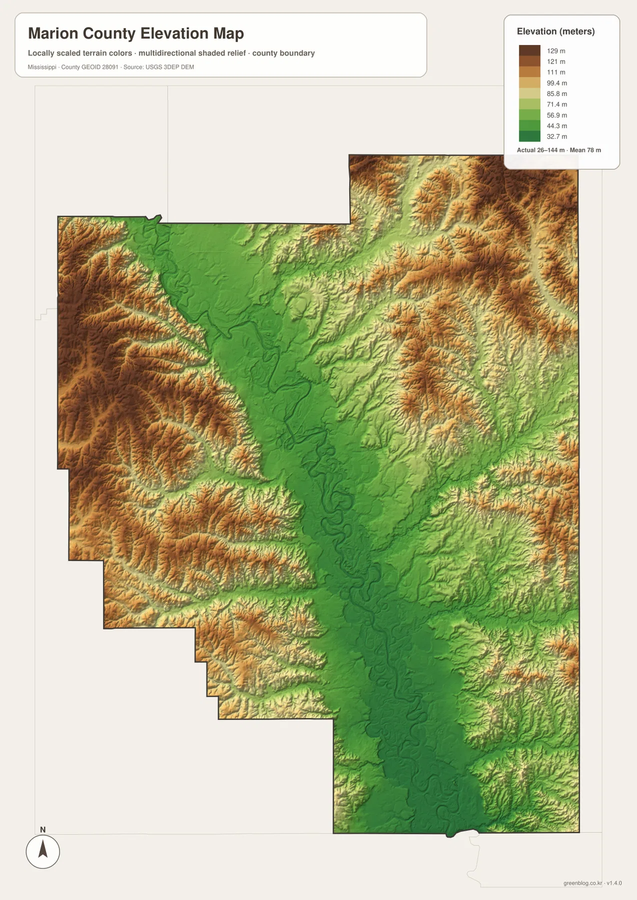 Marion County elevation map showing an actual range of about 26 to 144 meters, a low central Pearl River corridor, and higher western and northeastern uplands