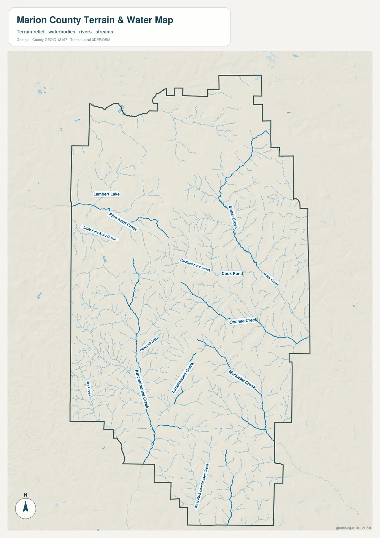 Pine Knot Creek, Oochee Creek, Kinchafoonee Creek과 여러 지류가 표시된 매리언 카운티 수역 지도
