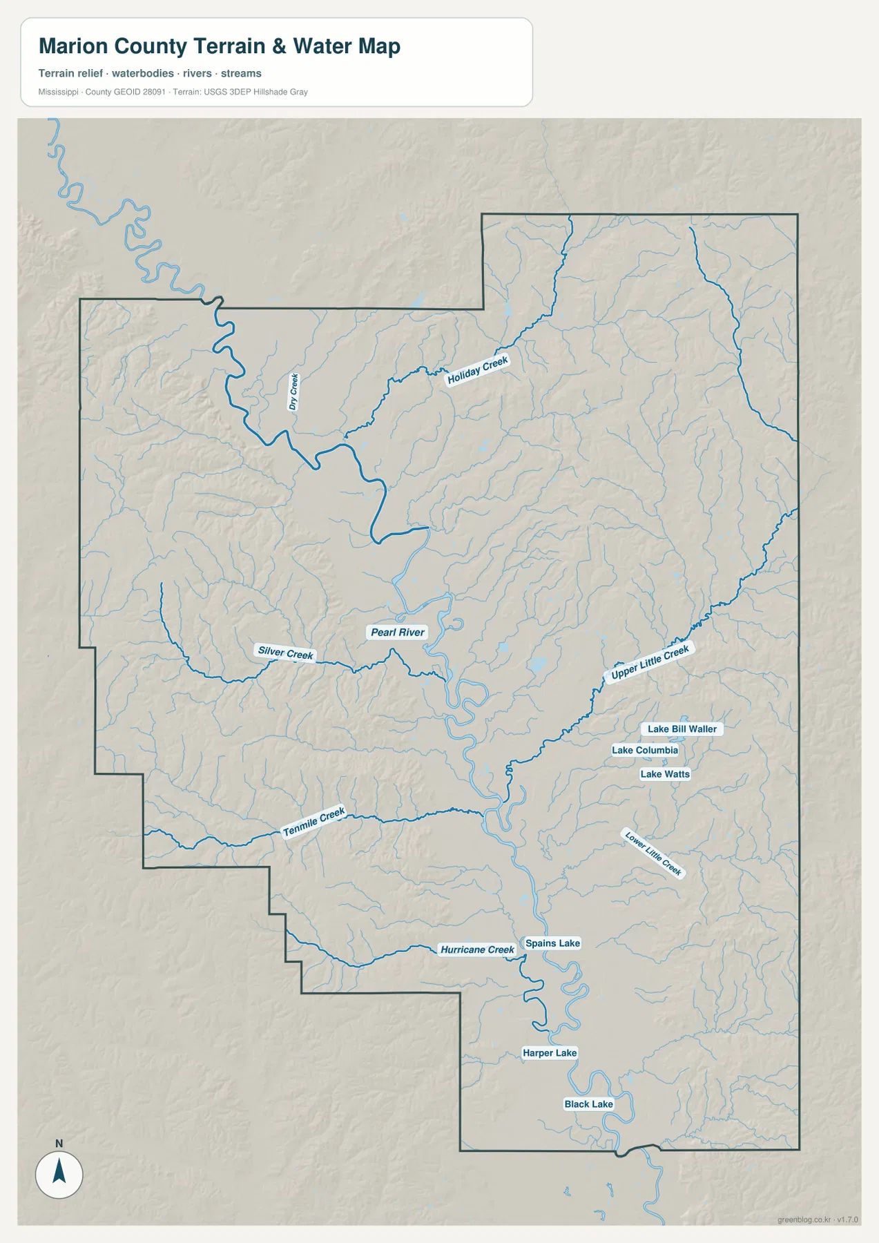 Marion County terrain and water map showing Pearl River, Dry Creek, Holiday Creek, Silver Creek, Upper Little Creek, and named lakes