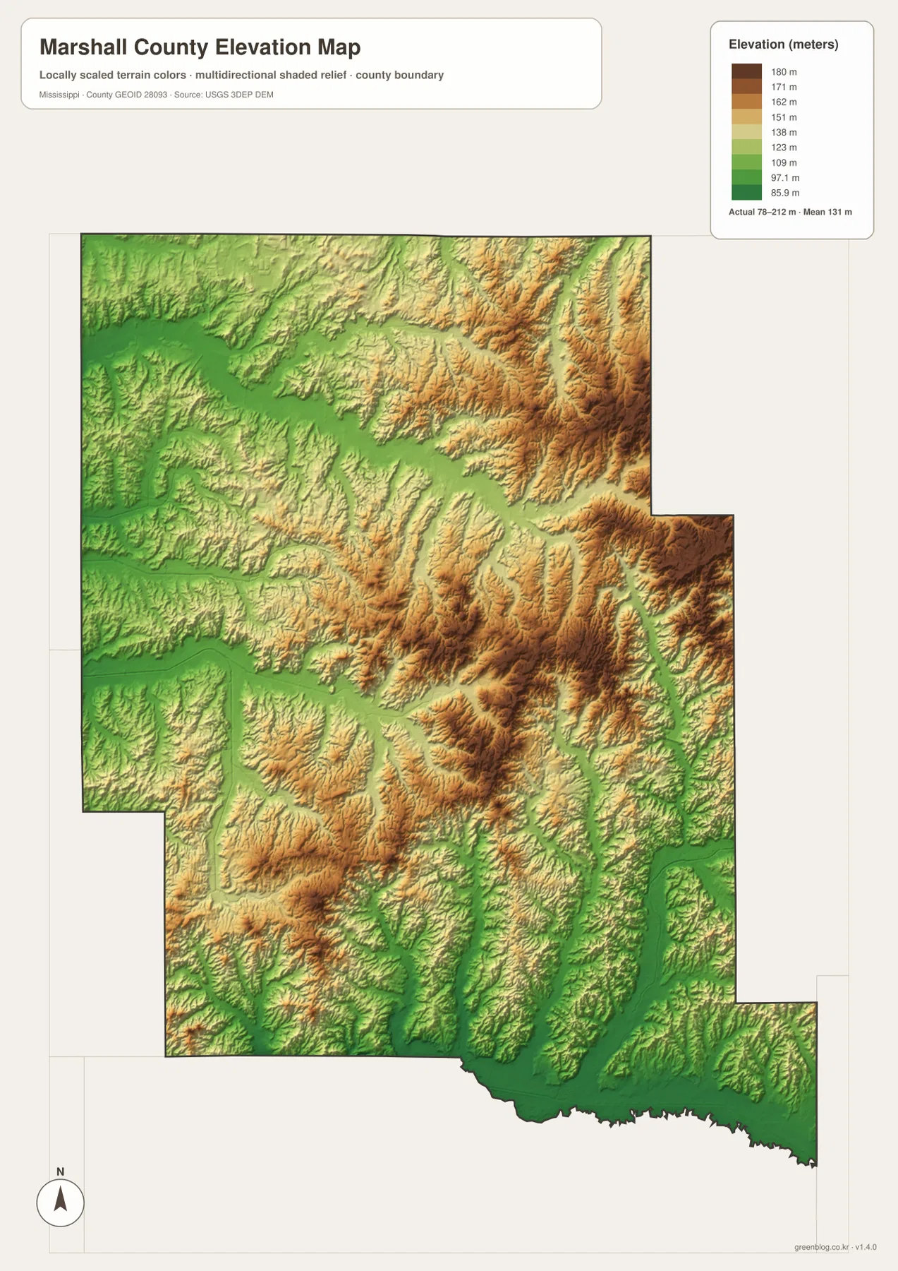 Marshall County elevation map with 78 to 212 meter terrain range and mean elevation of 131 meters