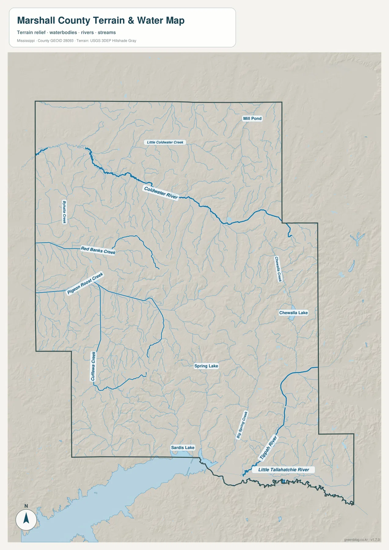 Marshall County water map showing Coldwater River, Tippah River, Little Tallahatchie River, creeks and lakes