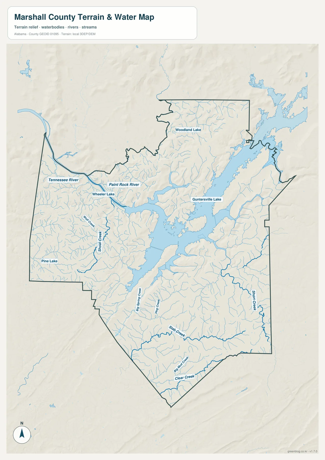 Marshall County 수역 지도에서 Lake Guntersville, Tennessee River, Paint Rock River와 주요 지류를 표시한 지도