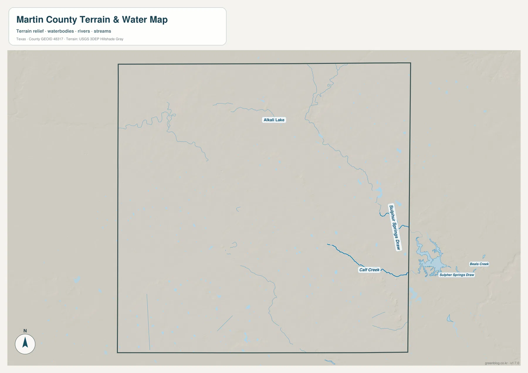 Alkali Lake, Sulphur Springs Draw, Calf Creek, Beals Creek이 표시된 텍사스주 마틴 카운티 수역 지도