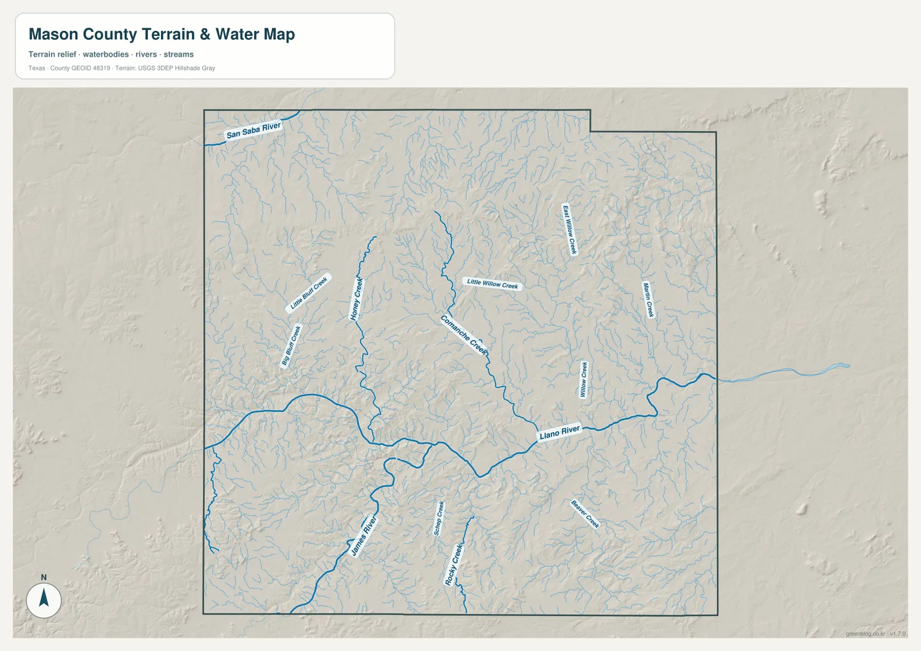 Llano River, James River, Comanche Creek, Honey Creek, Willow Creek과 여러 지류가 표시된 메이슨 카운티 수역 지도