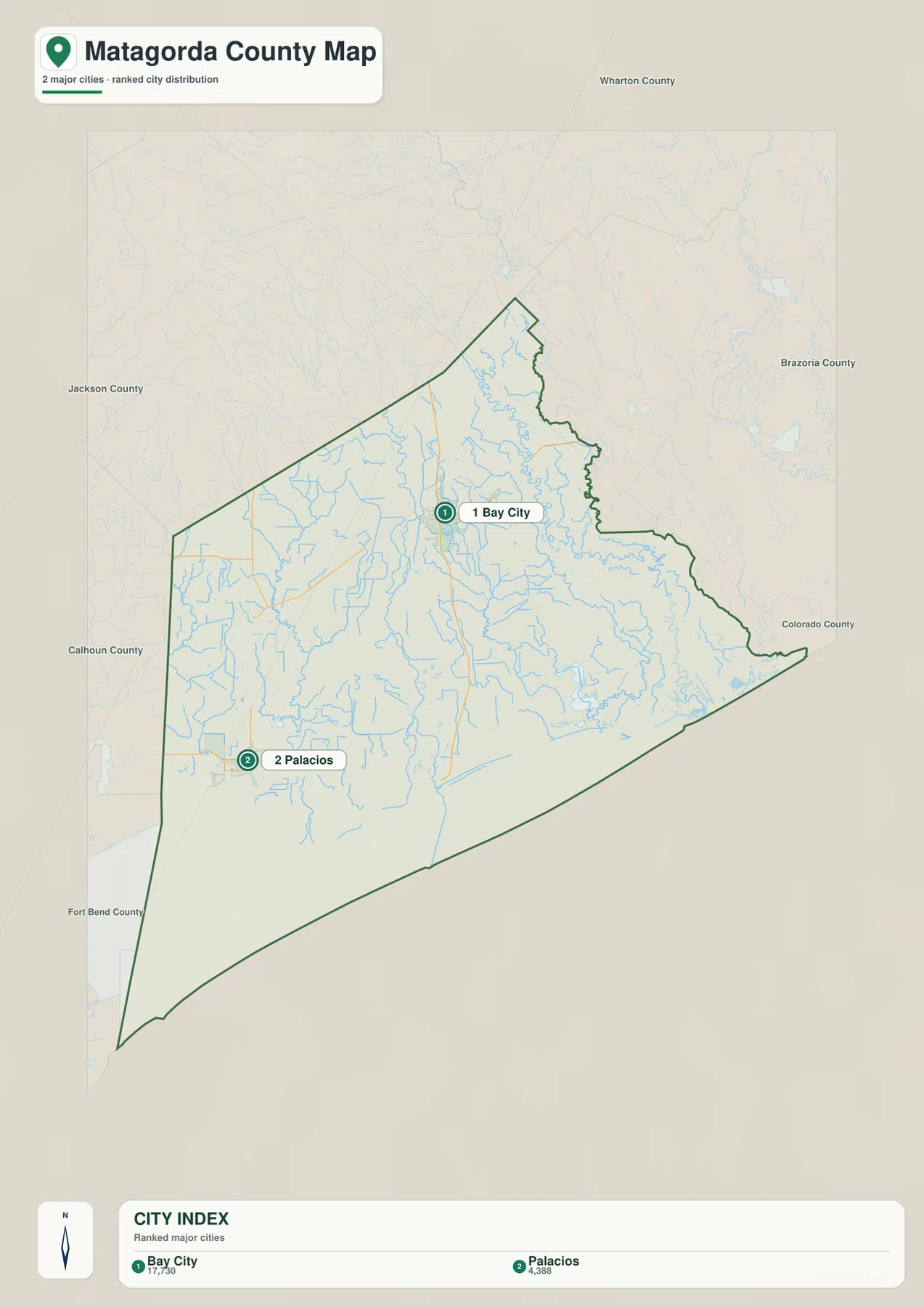Matagorda County city map ranking Bay City first and Palacios second