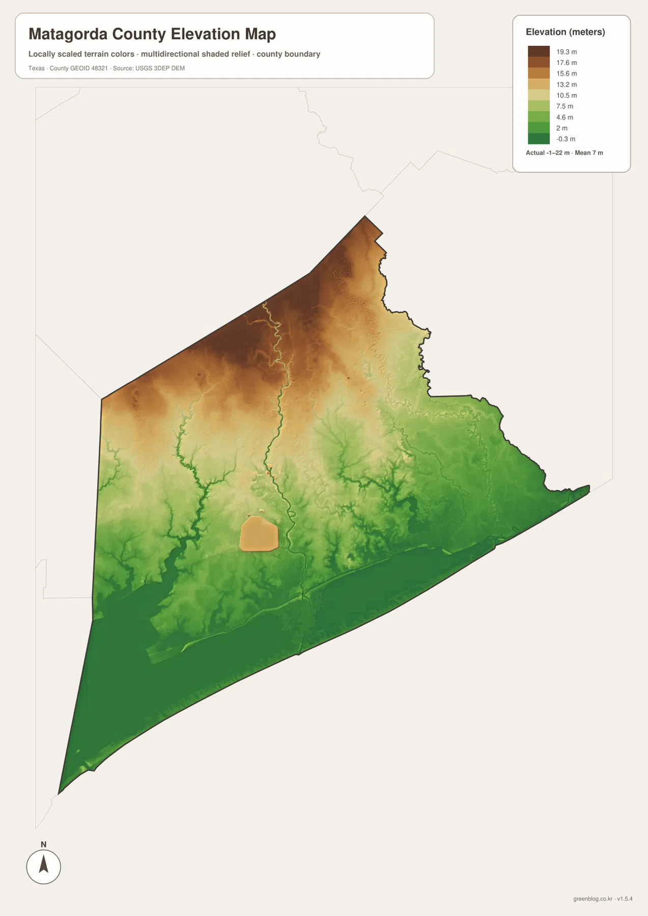 Matagorda County elevation map showing an actual range from about -1 to 22 meters and a mean of 7 meters
