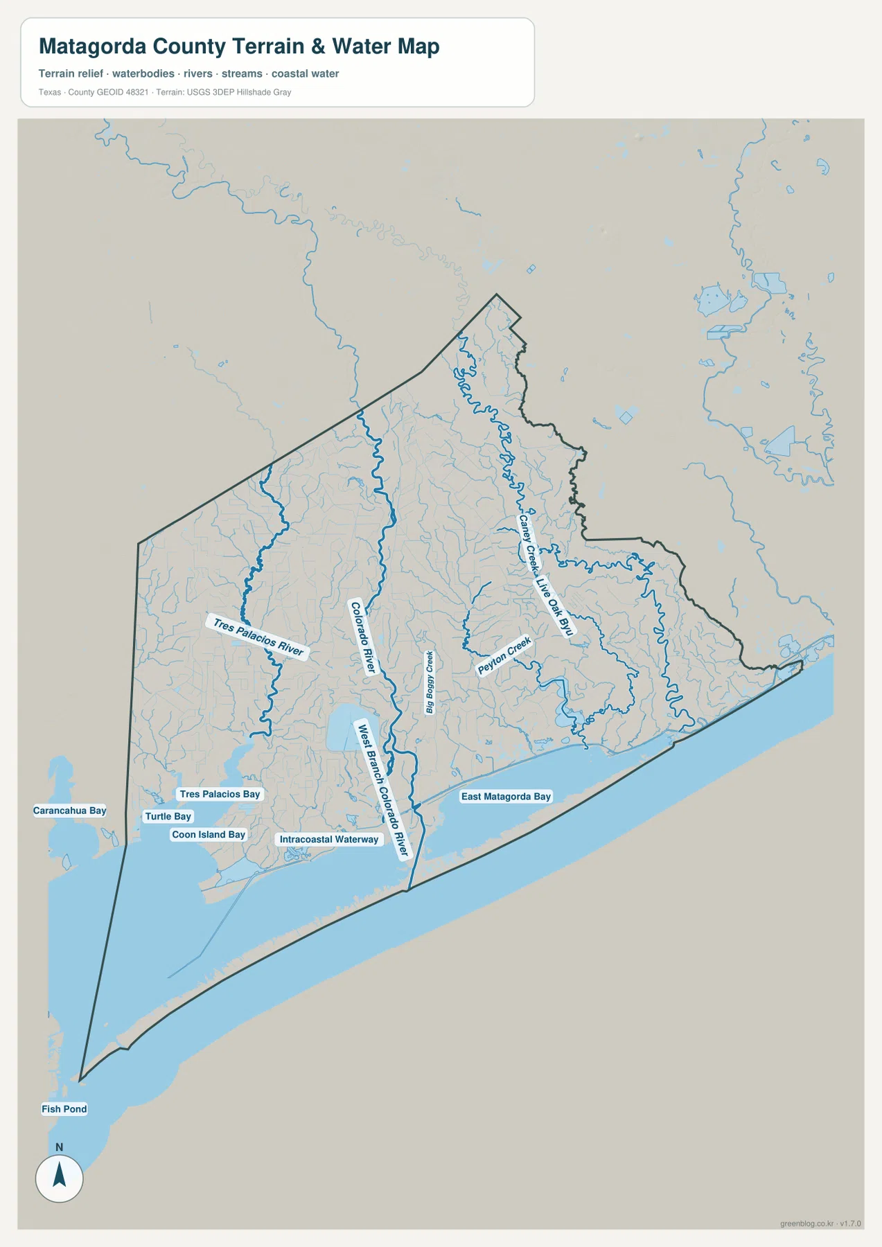 Matagorda County water map showing Colorado River, Tres Palacios River, Caney Creek, Live Oak Bayou, East Matagorda Bay, and coastal waterways