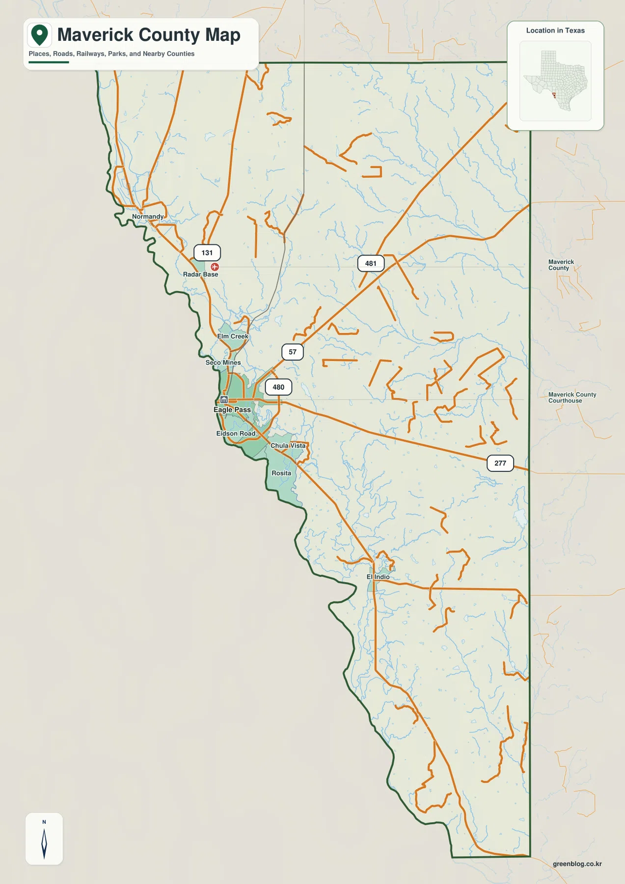 Eagle Pass, Seco Mines, Eidson Road, Rosita, El Indio와 57·277·480·481·131번 도로가 표시된 텍사스주 매버릭 카운티 지도
