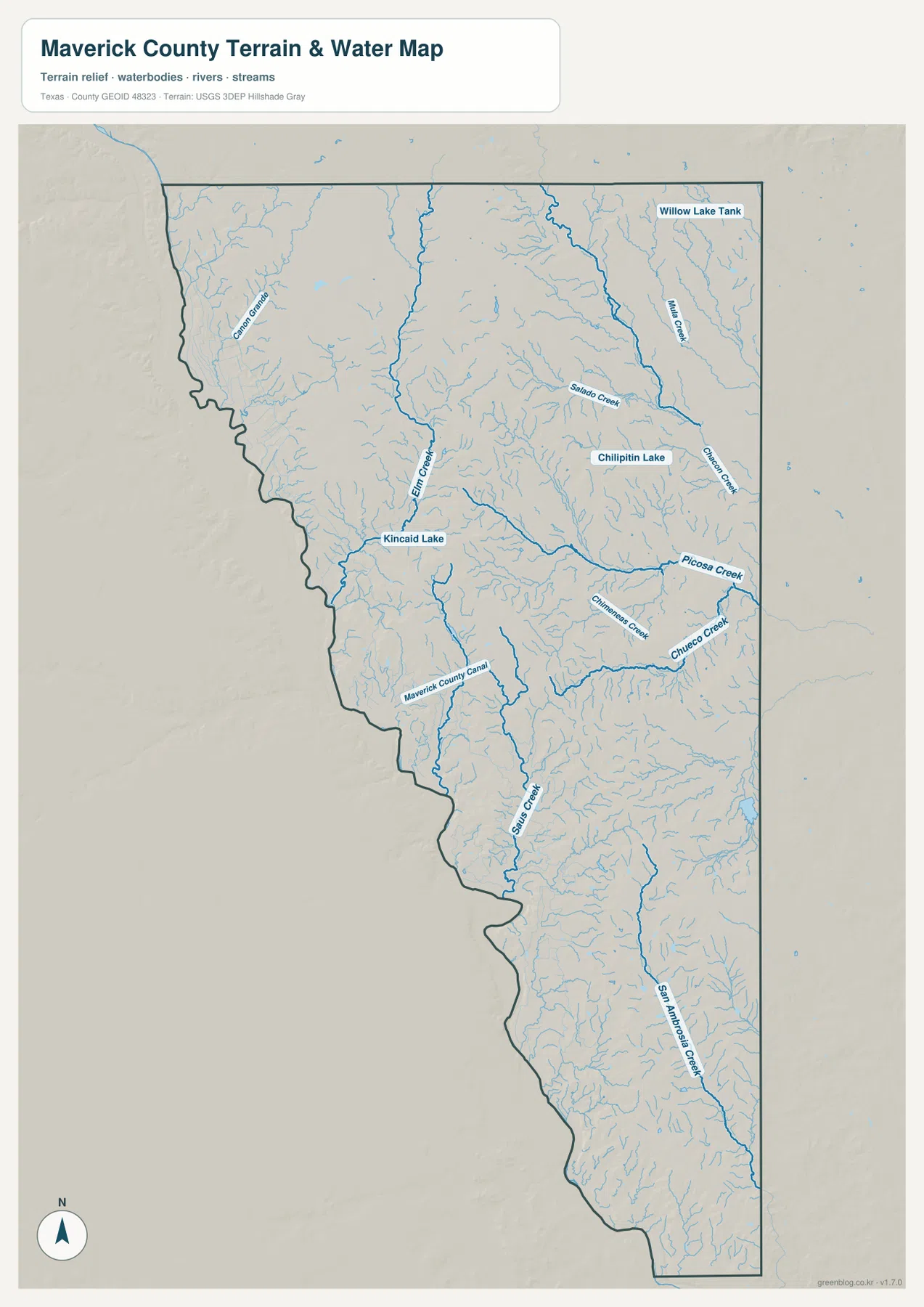Salado Creek, Picosa Creek, Chueco Creek, Elm Creek, Kincaid Lake와 Maverick County Canal이 표시된 매버릭 카운티 수역 지도