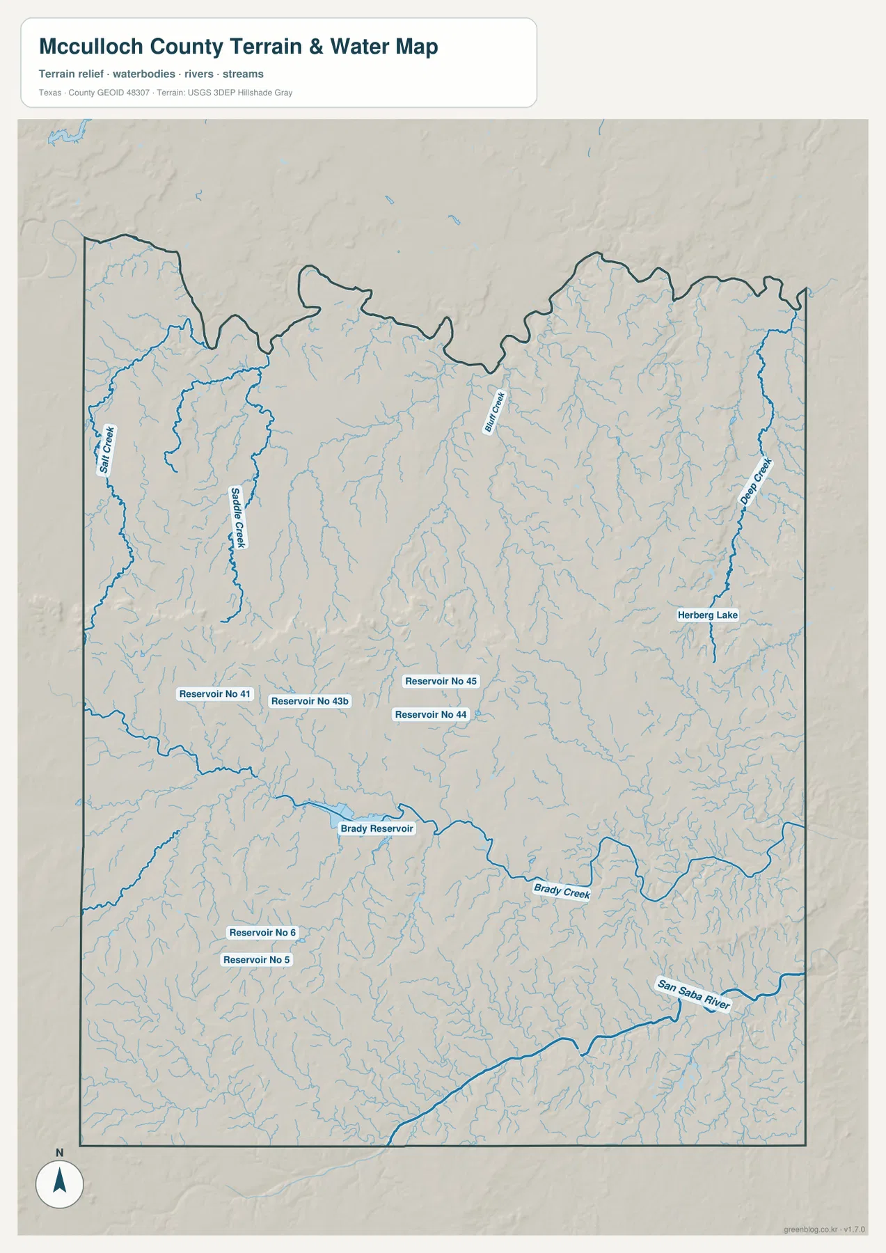 Brady Reservoir, Brady Creek, San Saba River, Salt Creek, Saddle Creek, Deep Creek와 여러 저수지가 표시된 매컬록 카운티 수역 지도