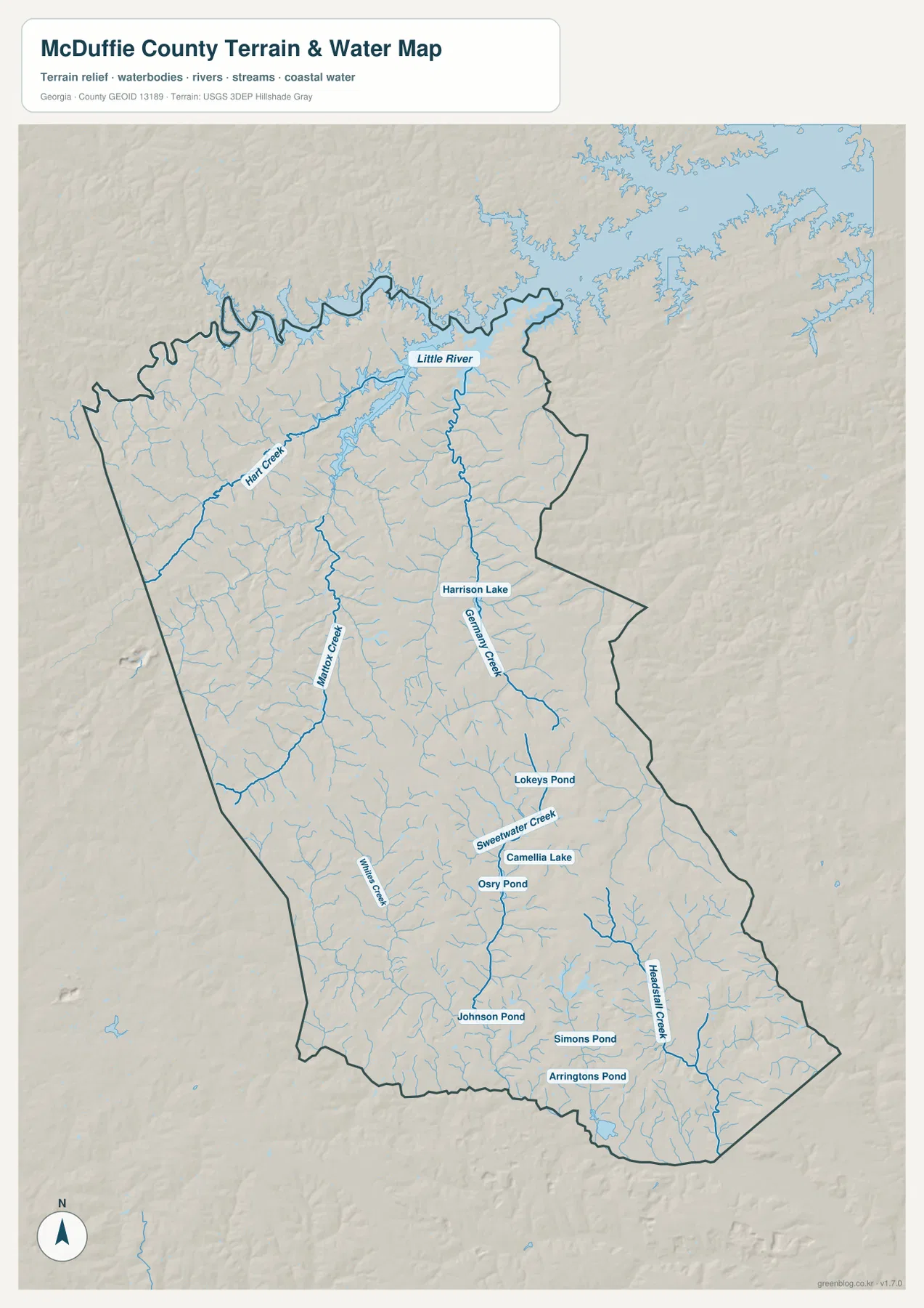 Little River, Hart Creek, Milner Creek, Germany Creek, Sweetwater Creek과 여러 연못을 표시한 맥더피 카운티 수역 지도