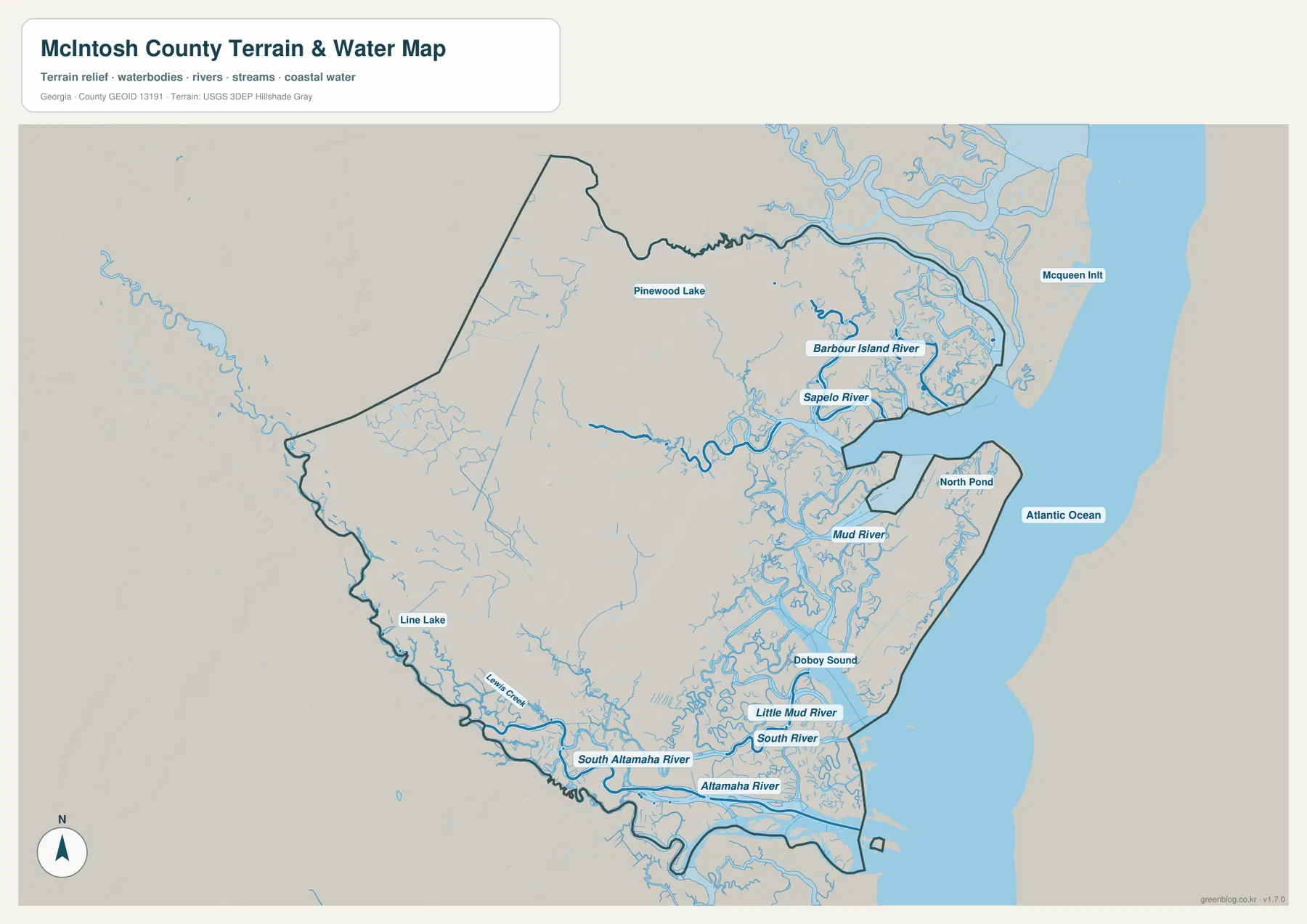 Sapelo River, Barbour Island River, Mud River, Doboy Sound, Altamaha River와 Atlantic Ocean이 표시된 매킨토시 카운티 수역 지도