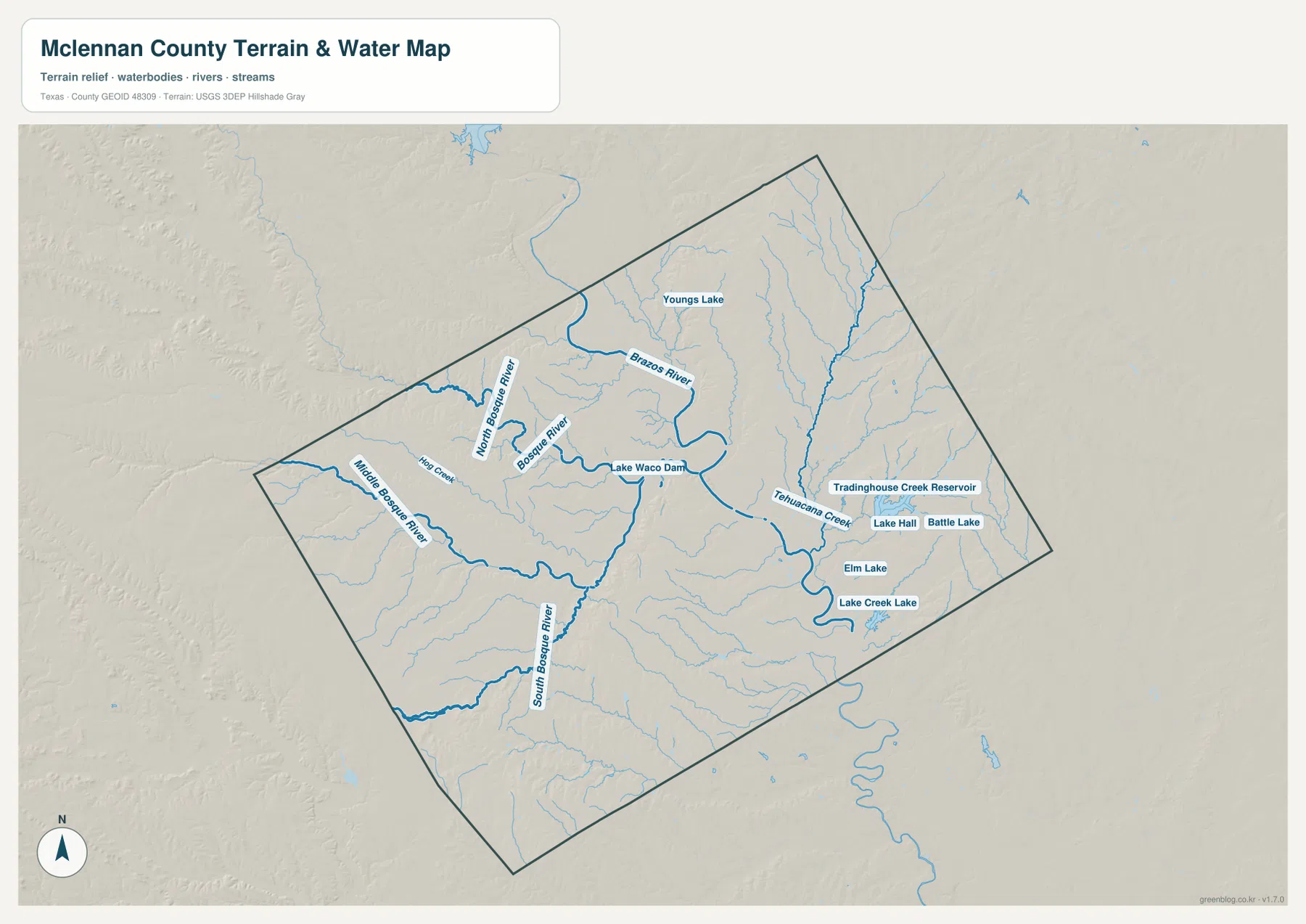 Brazos River, Bosque River 계통, Lake Waco Dam, Tehuacana Creek와 Tradinghouse Creek Reservoir가 표시된 맥레넌 카운티 수역 지도