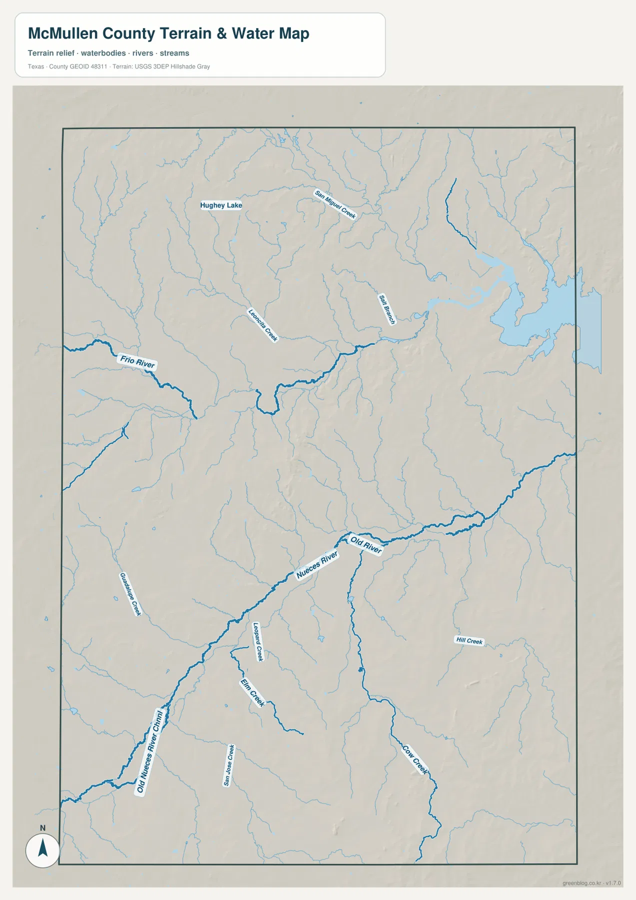 Frio River, Nueces River, Old River, San Miguel Creek, Leonard Creek, Elm Creek, Hughey Lake가 표시된 맥멀런 카운티 수역 지도