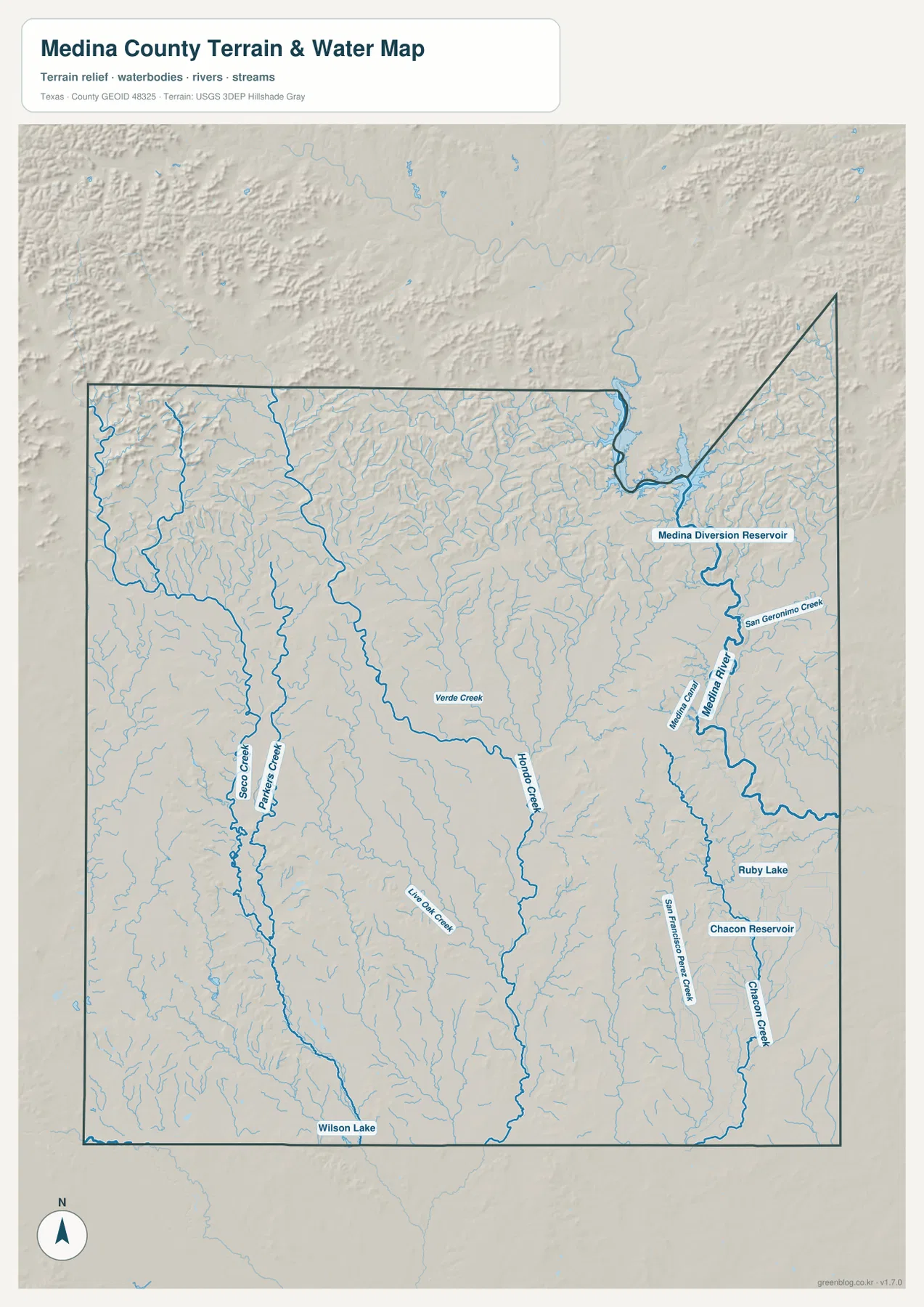 Medina River, Medina Diversion Reservoir, Medio Creek, Verde Creek, Seco Creek, Parker Creek와 여러 수역이 표시된 메디나 카운티 수역 지도