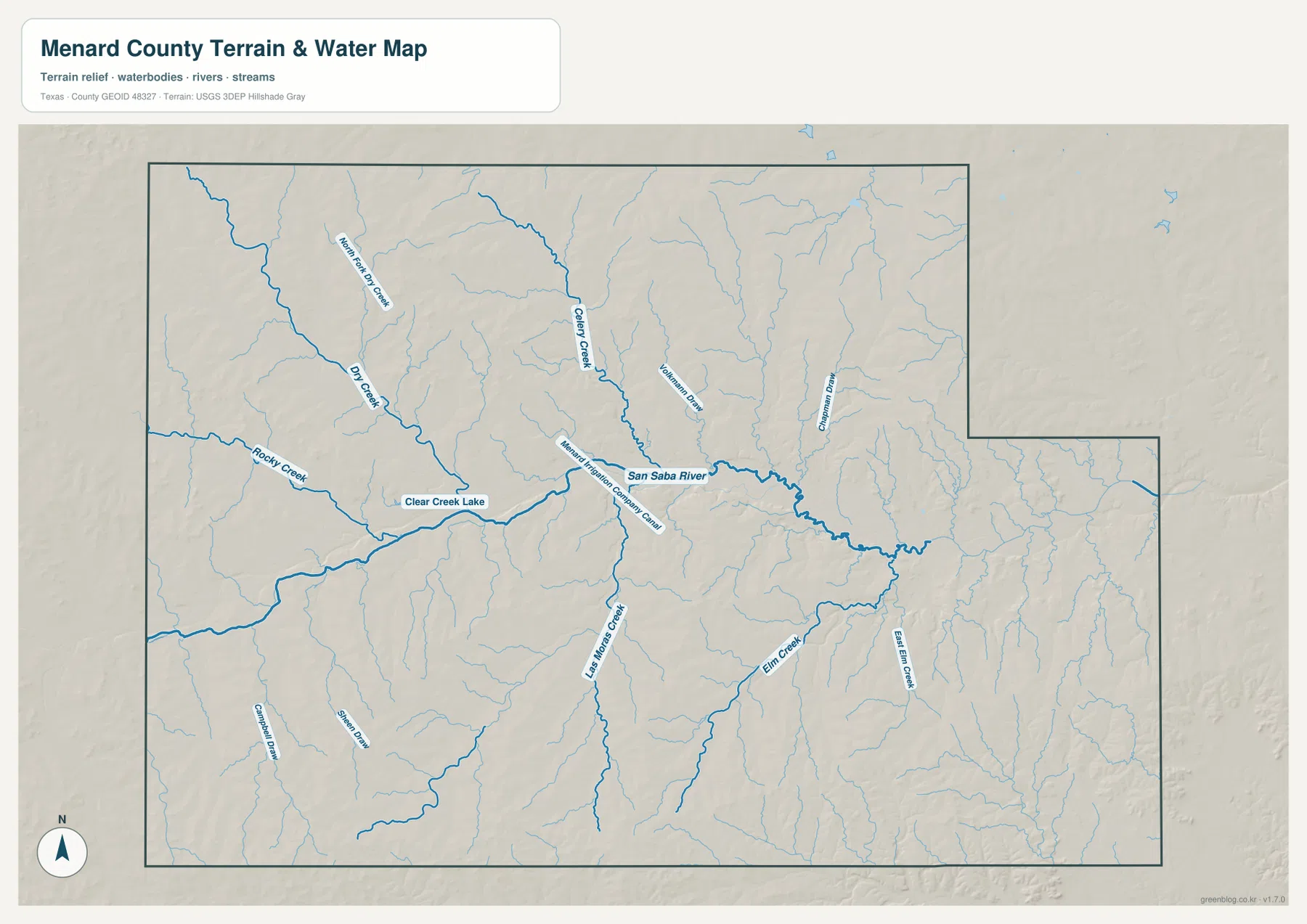 San Saba River, Dry Creek, Rocky Creek, Clear Creek Lake, Celery Creek, Las Moras Creek와 Elm Creek이 표시된 메나드 카운티 수역 지도